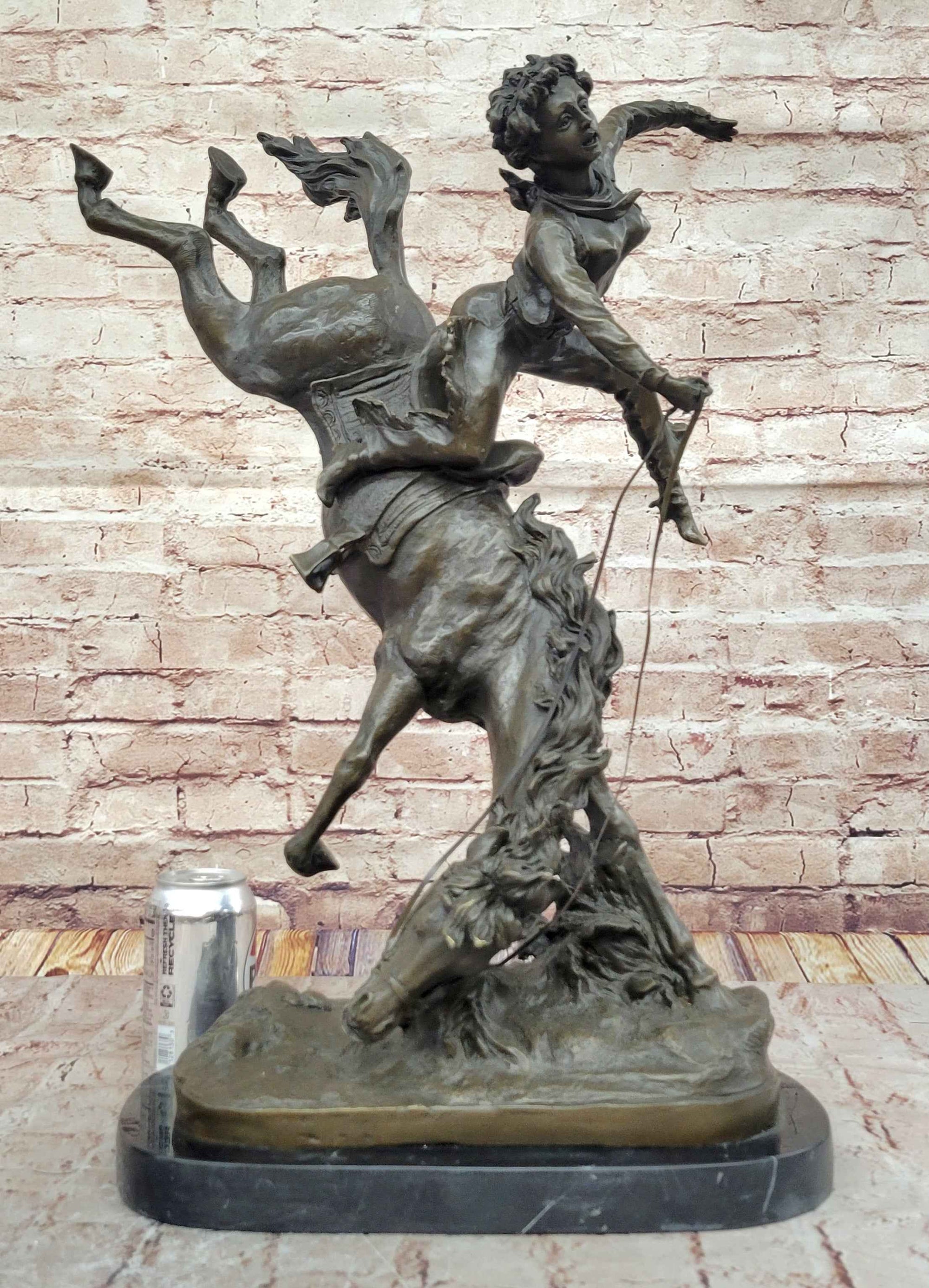 Female Horseback Rider Cowgirl Being Thrown Off Horse - Western Bronze Sculpture by Milo