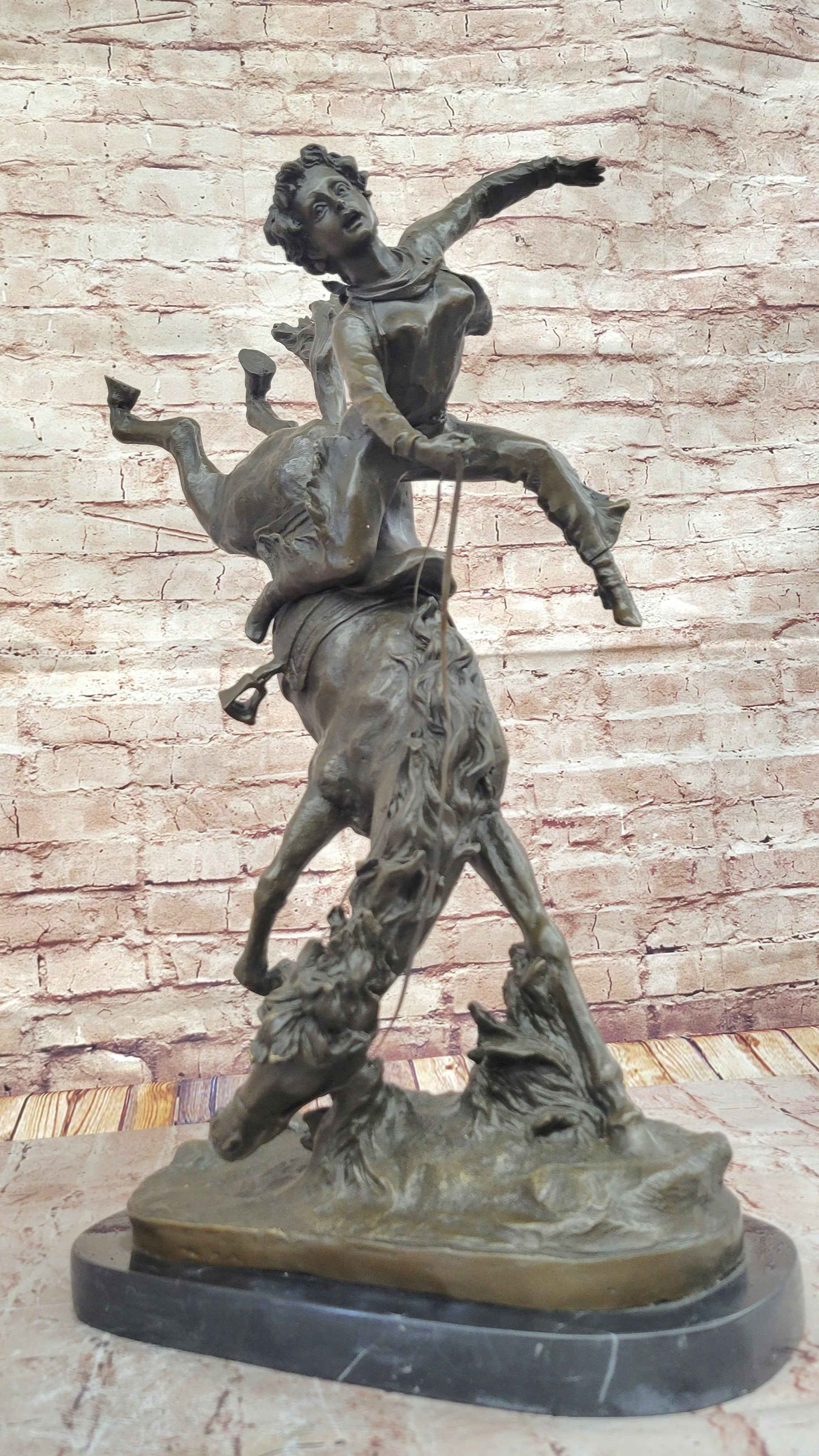 Female Horseback Rider Cowgirl Being Thrown Off Horse - Western Bronze Sculpture by Milo