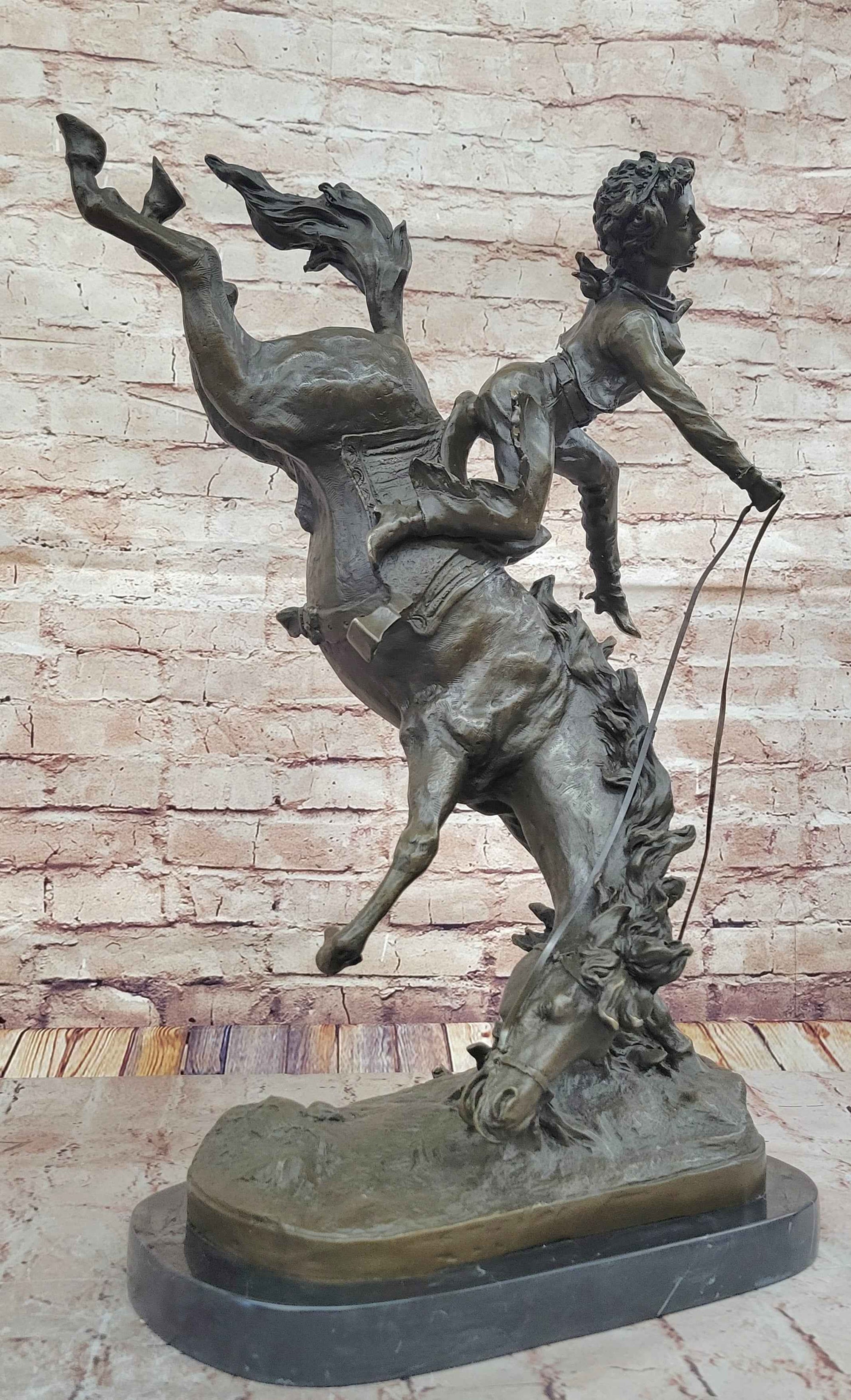 Female Horseback Rider Cowgirl Being Thrown Off Horse - Western Bronze Sculpture by Milo
