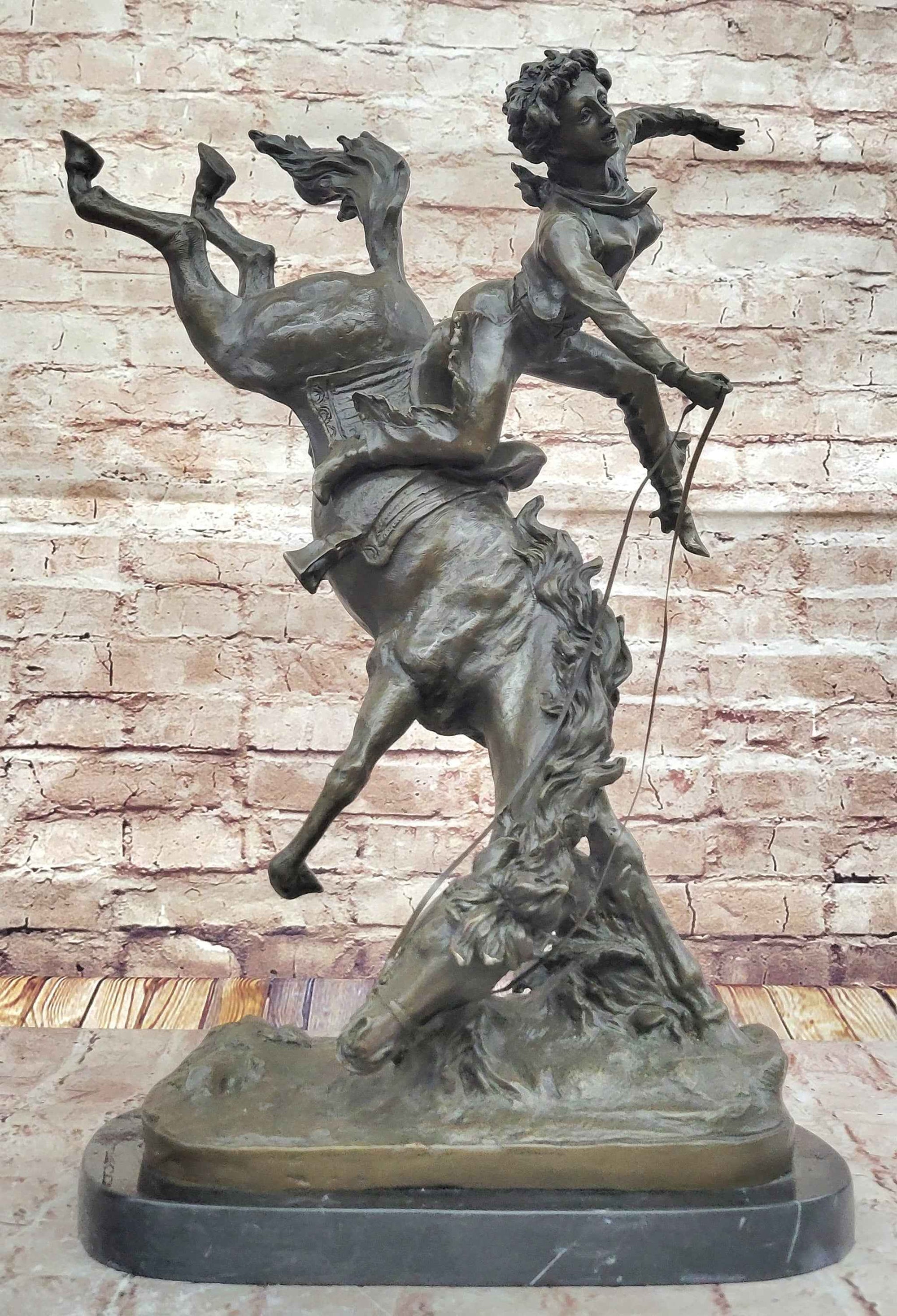Female Horseback Rider Cowgirl Being Thrown Off Horse - Western Bronze Sculpture by Milo