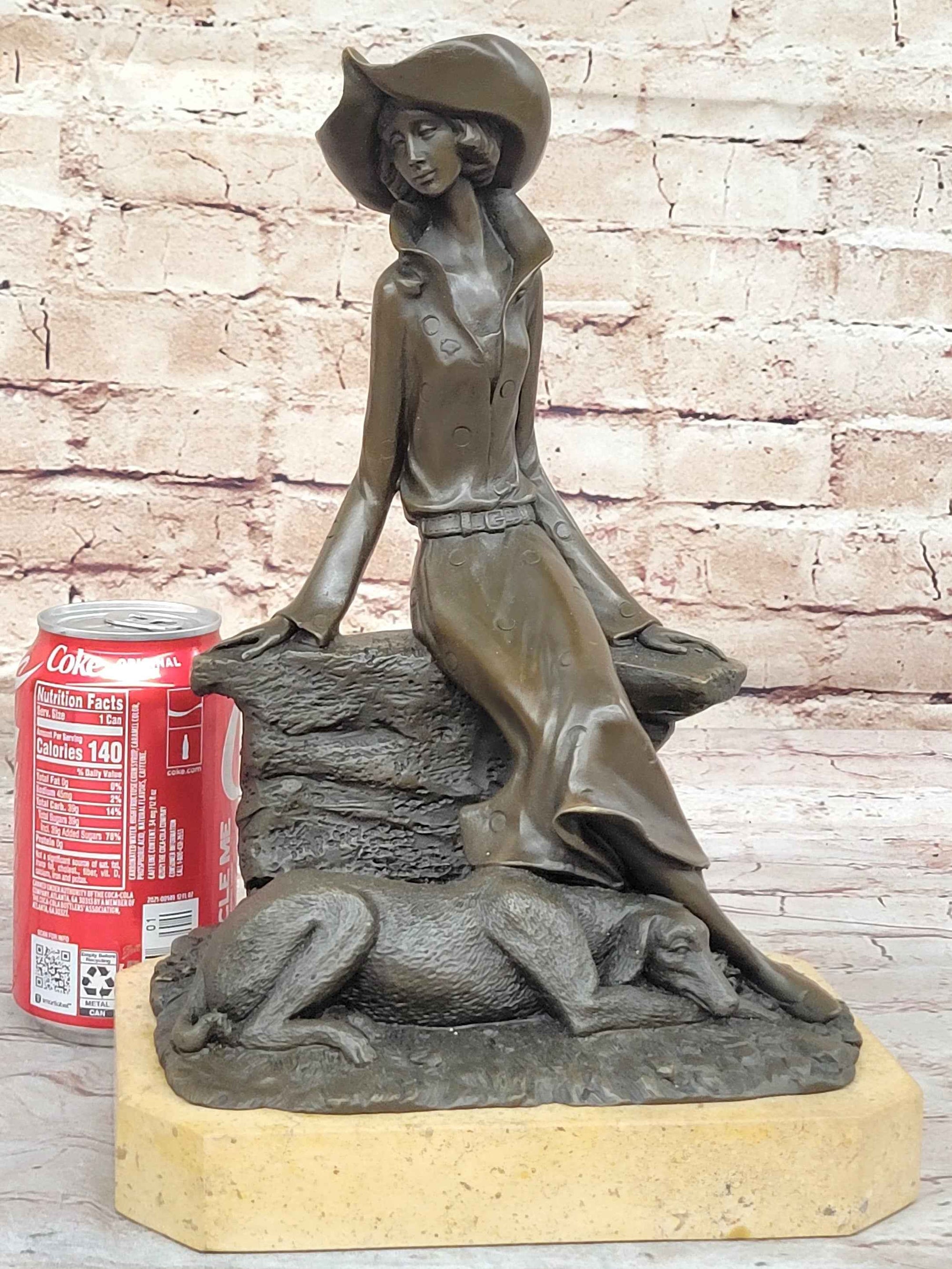 Fashionable Woman with Large Hat and Dog - Bronze Metal Art Deco Sculpture by Milo