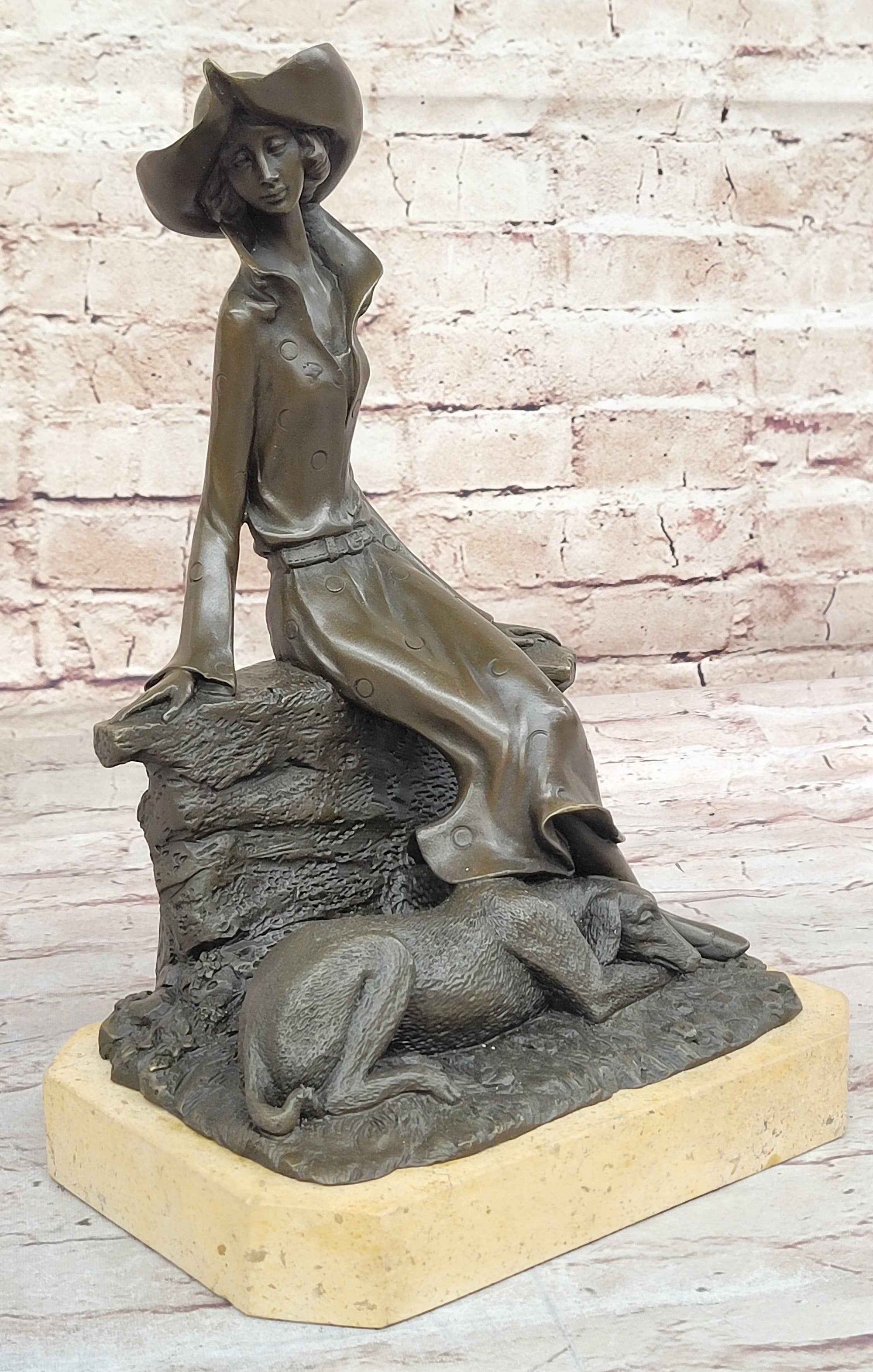 Fashionable Woman with Large Hat and Dog - Bronze Metal Art Deco Sculpture by Milo