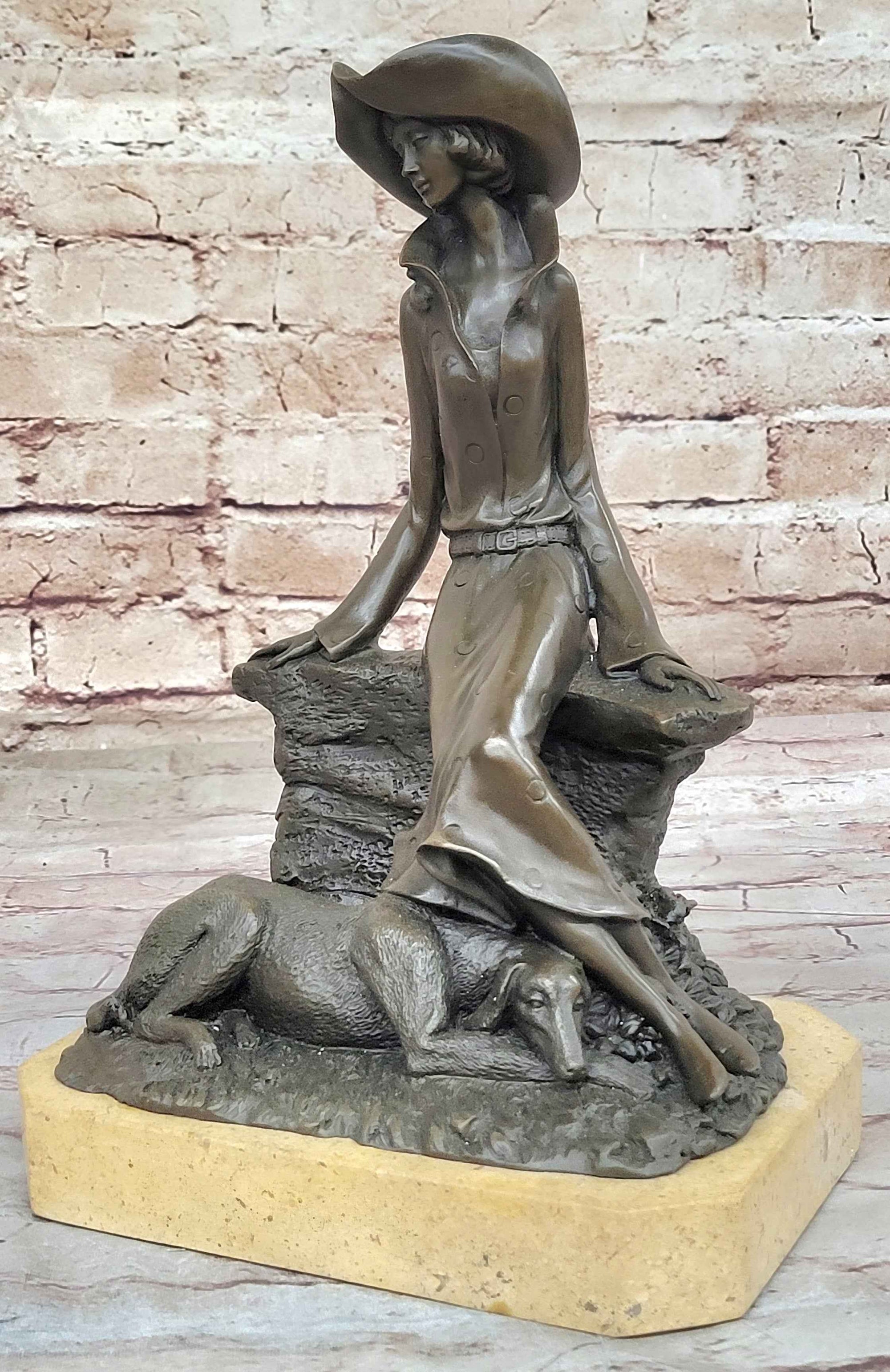 Fashionable Woman with Large Hat and Dog - Bronze Metal Art Deco Sculpture by Milo