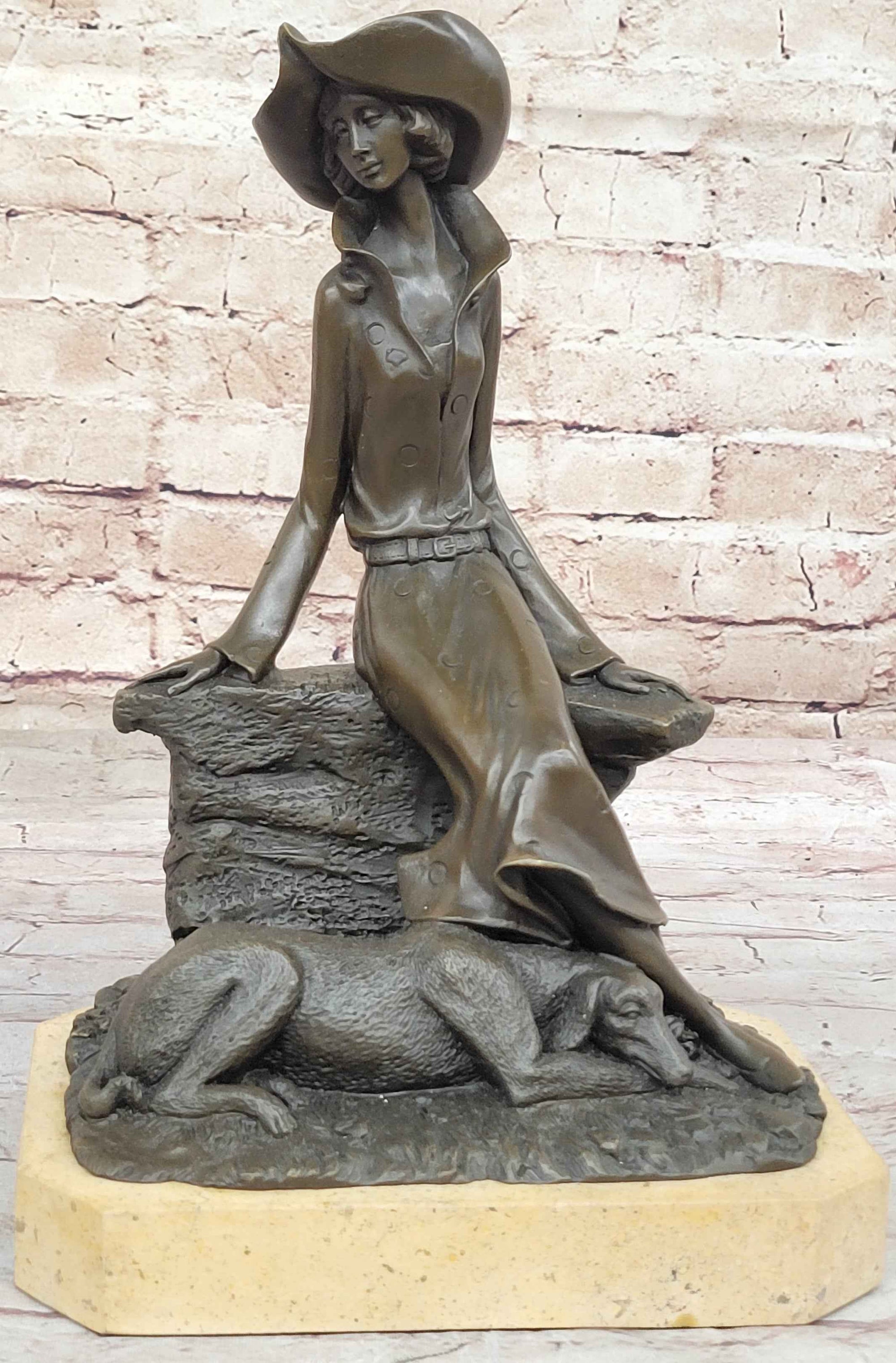Fashionable Woman with Large Hat and Dog - Bronze Metal Art Deco Sculpture by Milo