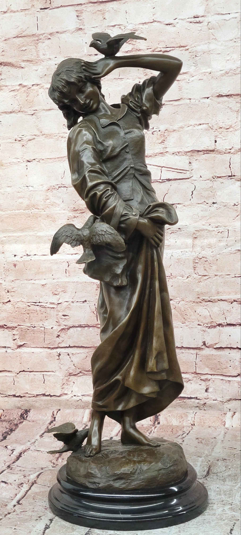 Art Nouveau Woman Birds Bronze Sculpture Graceful Statue
