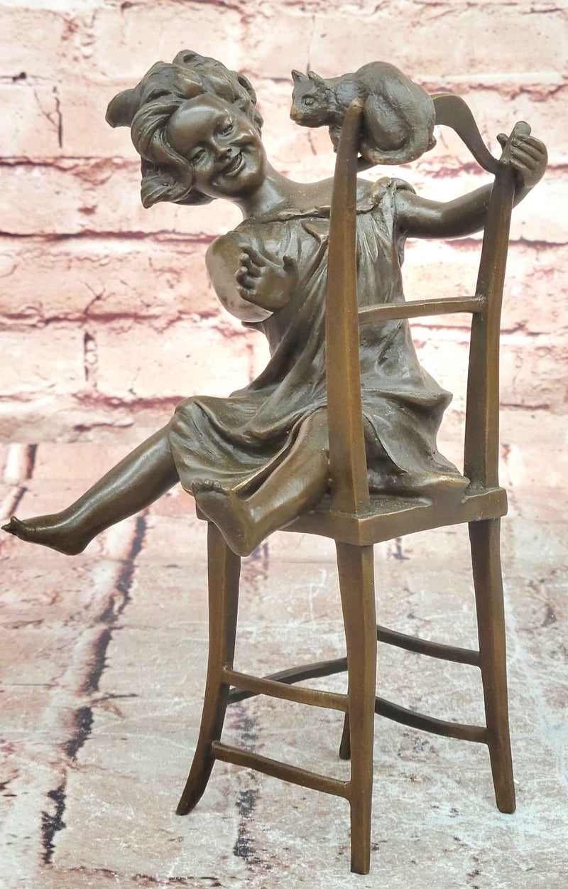 Jolie Cat - Playful Girl Bronze Sculpture Child Chair Figure