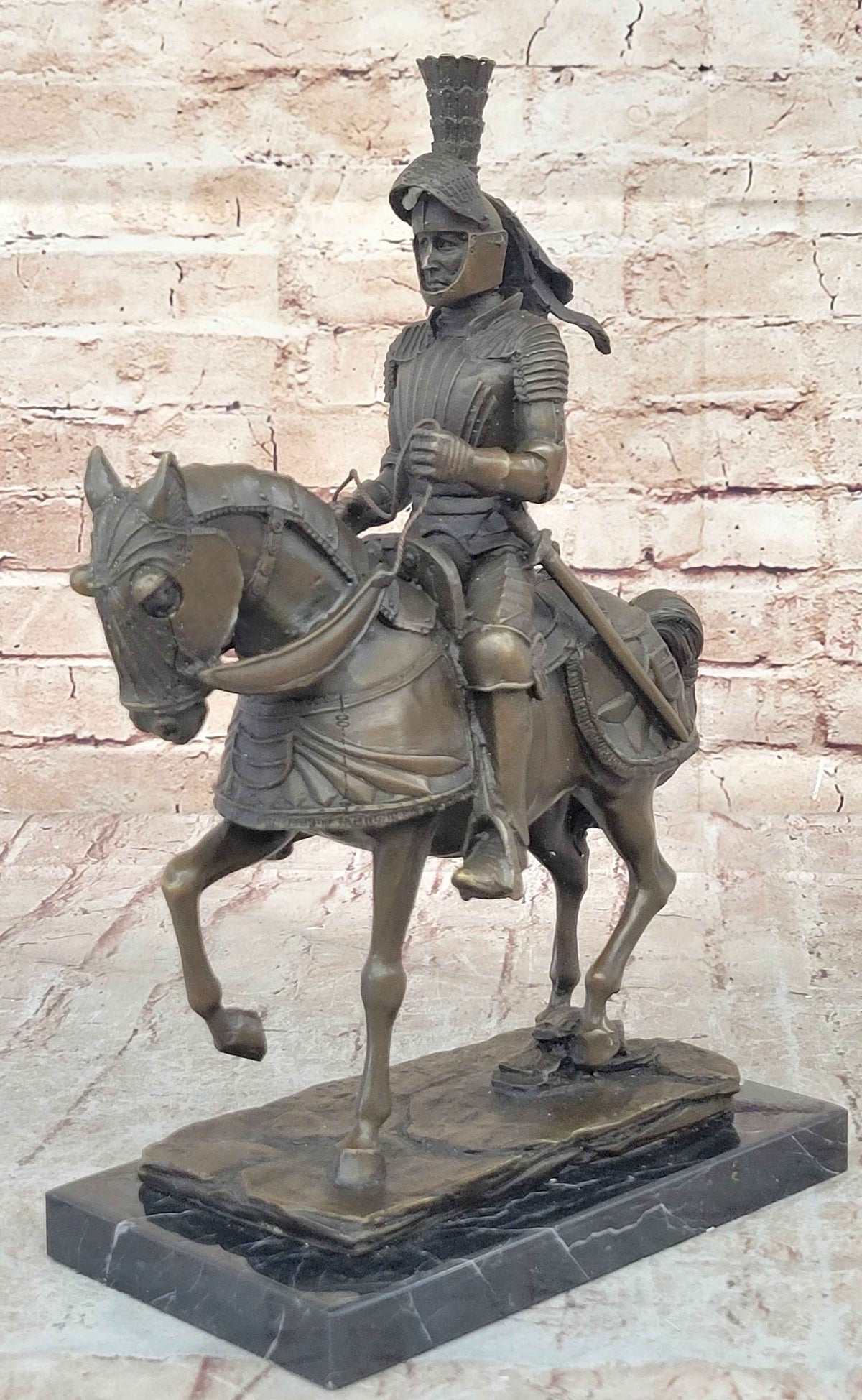 Medieval Chivalrous Knight on Horseback Bronze Sculpture Statue on Marble Base