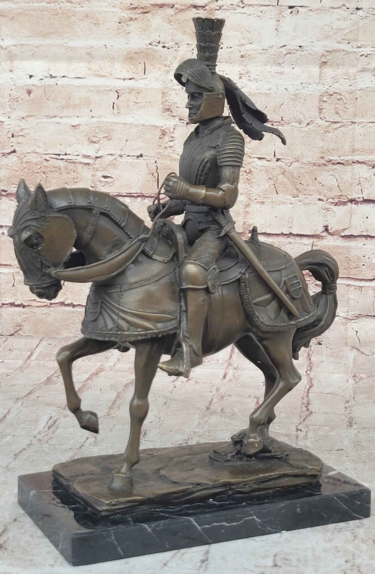 Medieval Chivalrous Knight on Horseback Bronze Sculpture Statue on Marble Base