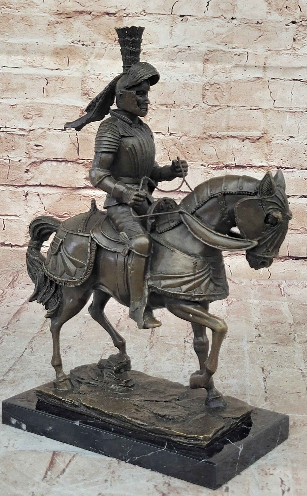 Medieval Chivalrous Knight on Horseback Bronze Sculpture Statue on Marble Base
