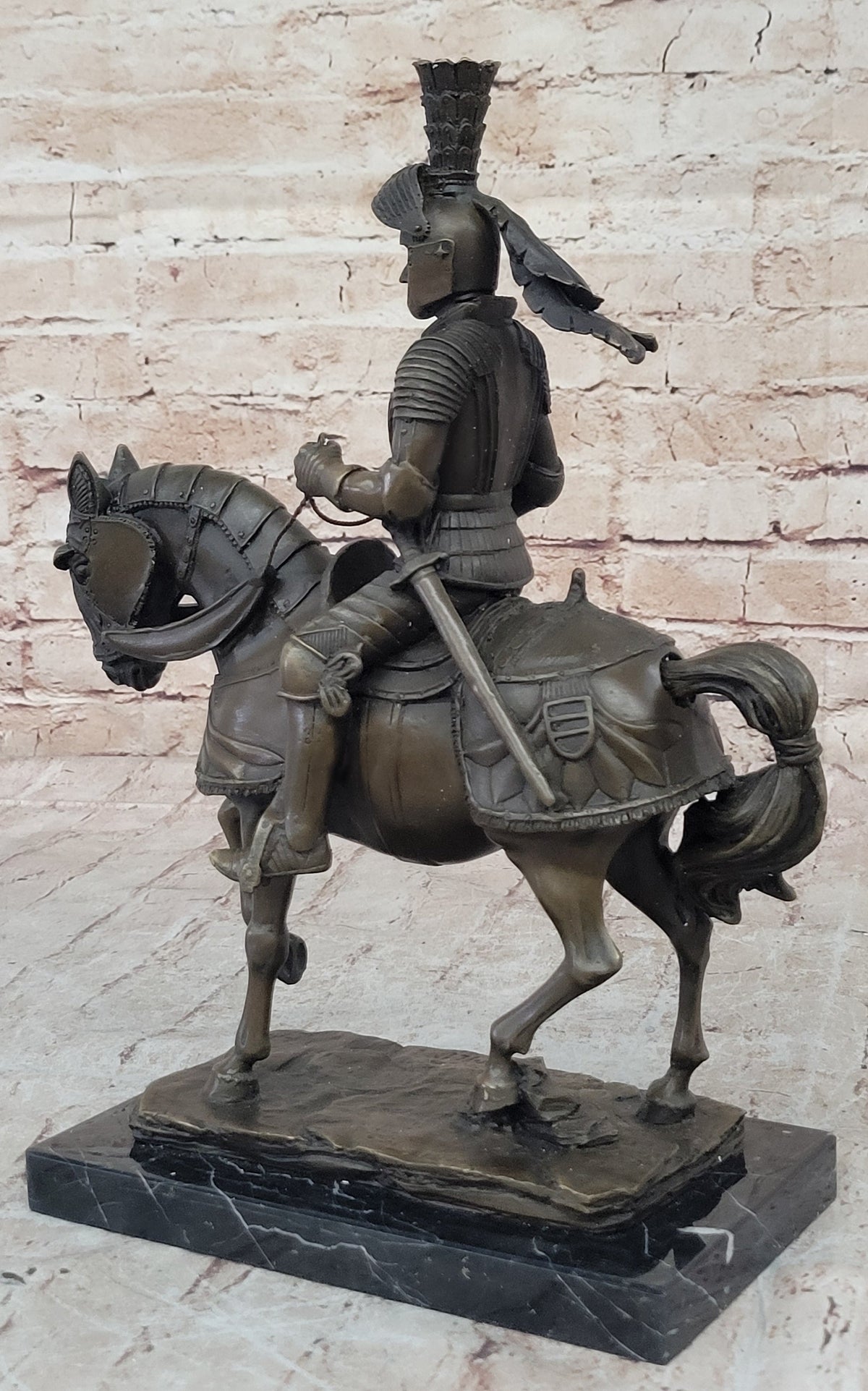 Medieval Chivalrous Knight on Horseback Bronze Sculpture Statue on Marble Base