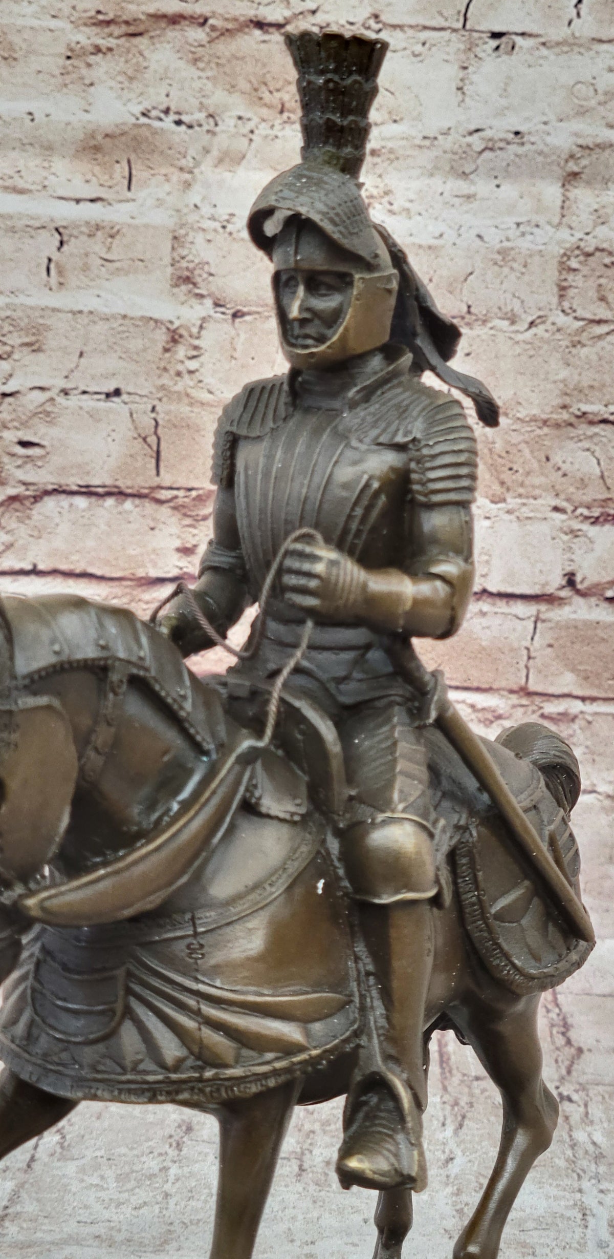 Medieval Chivalrous Knight on Horseback Bronze Sculpture Statue on Marble Base