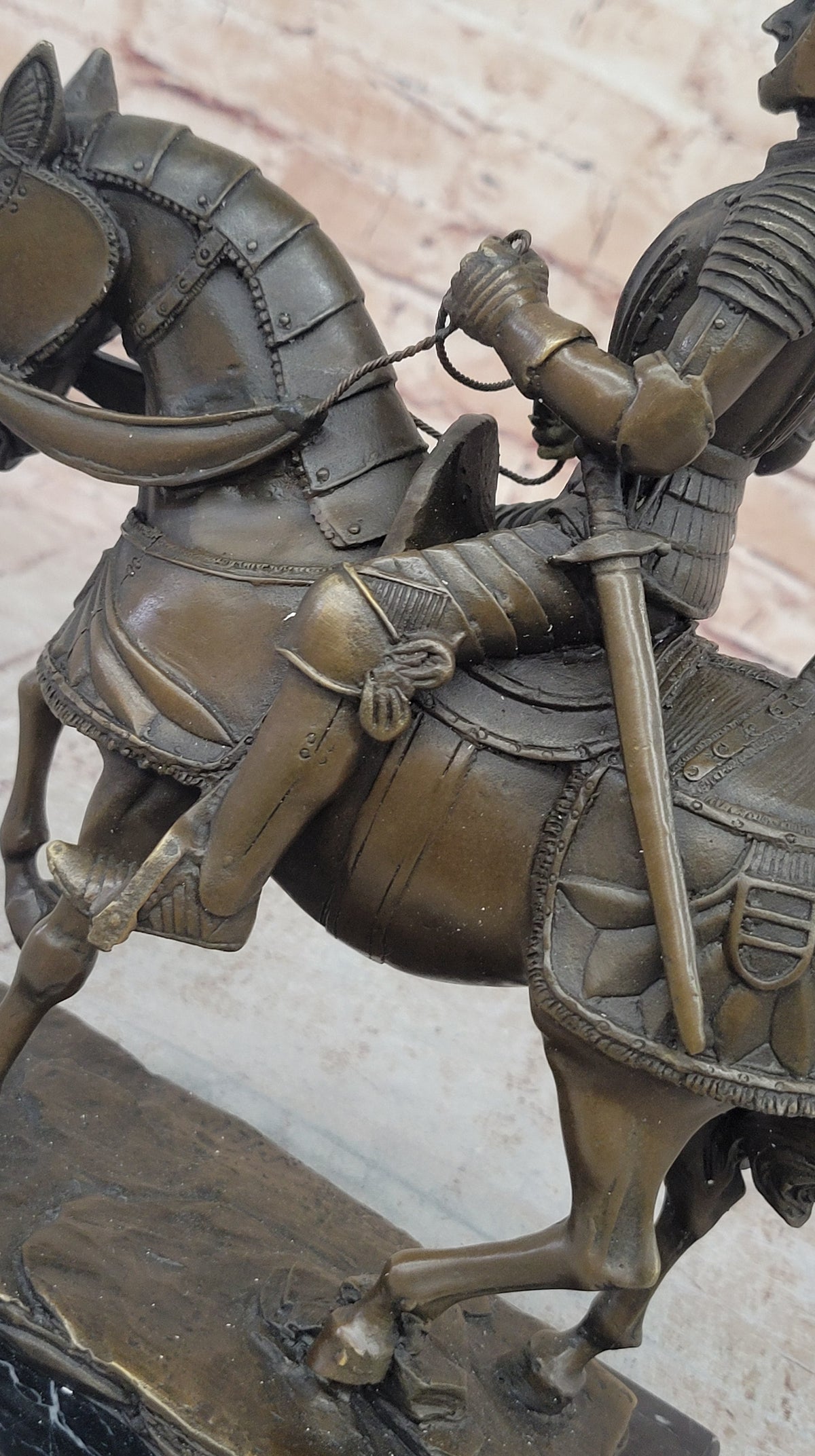 Medieval Chivalrous Knight on Horseback Bronze Sculpture Statue on Marble Base
