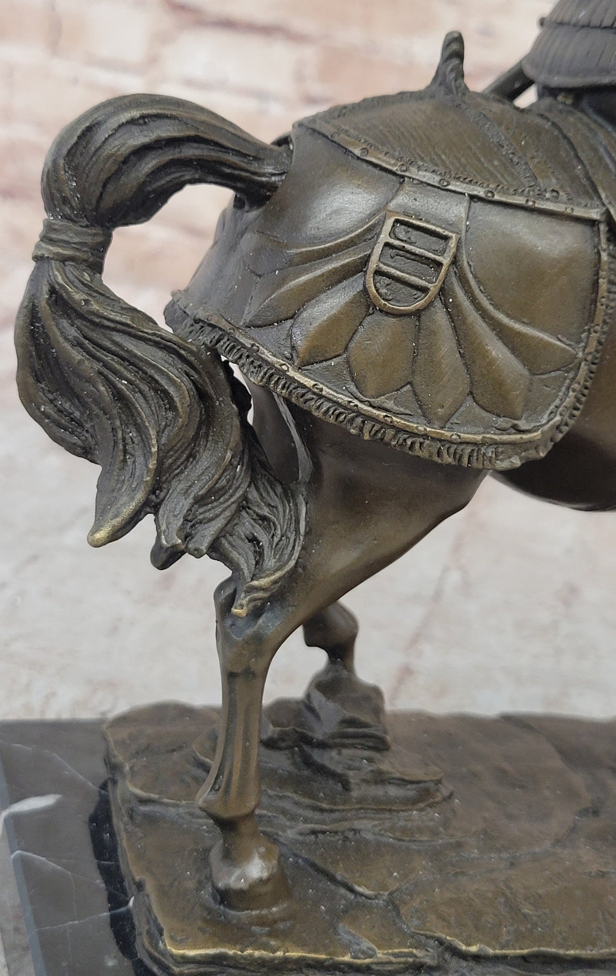 Medieval Chivalrous Knight on Horseback Bronze Sculpture Statue on Marble Base
