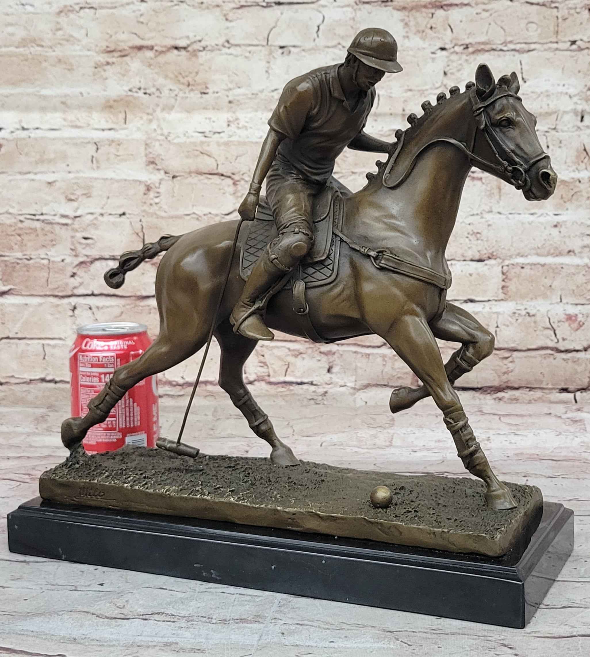 Jockey Polo Player on Horseback Bronze Sculpture Statue Equestrian Horse Lover Decor