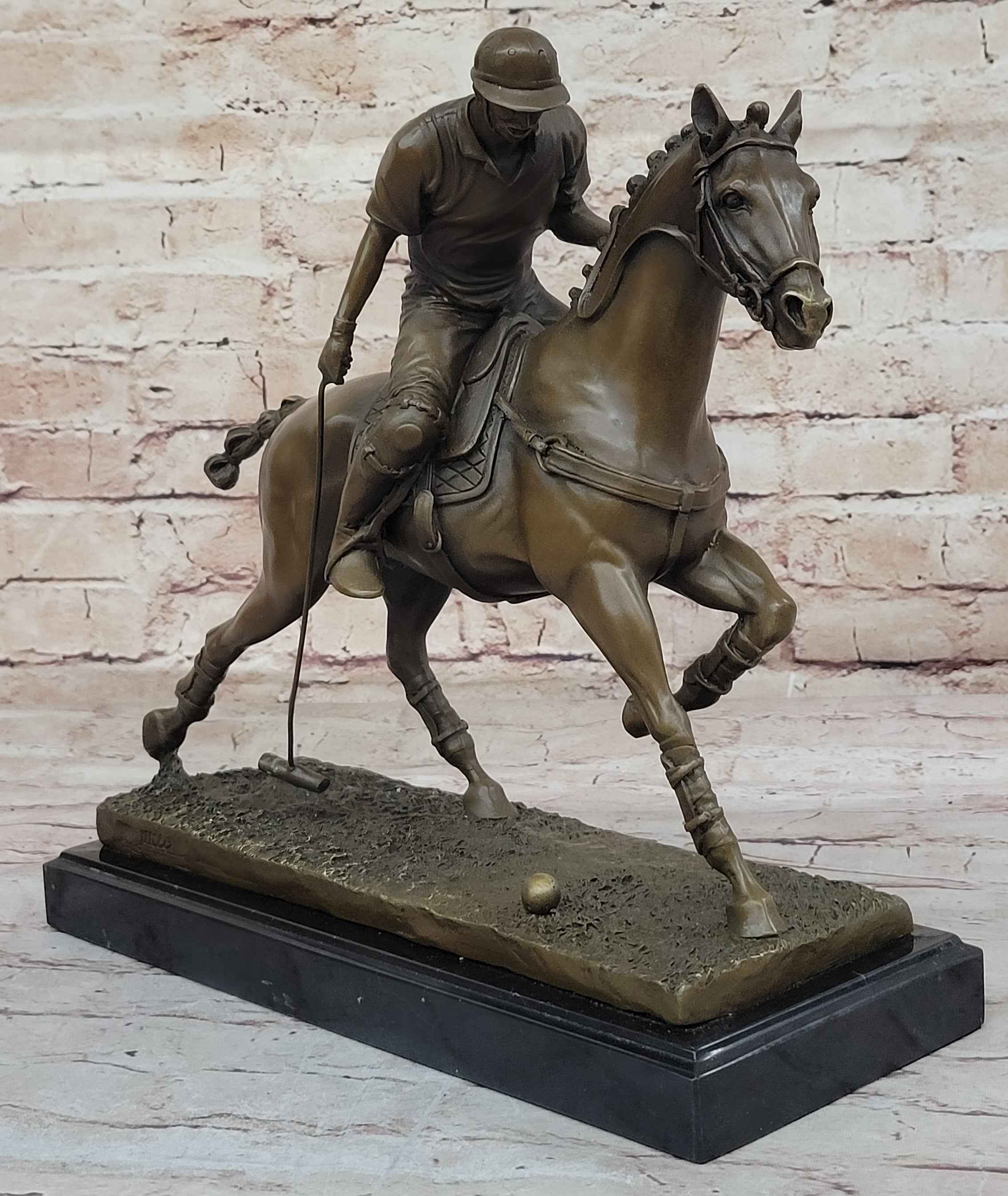 Jockey Polo Player on Horseback Bronze Sculpture Statue Equestrian Horse Lover Decor