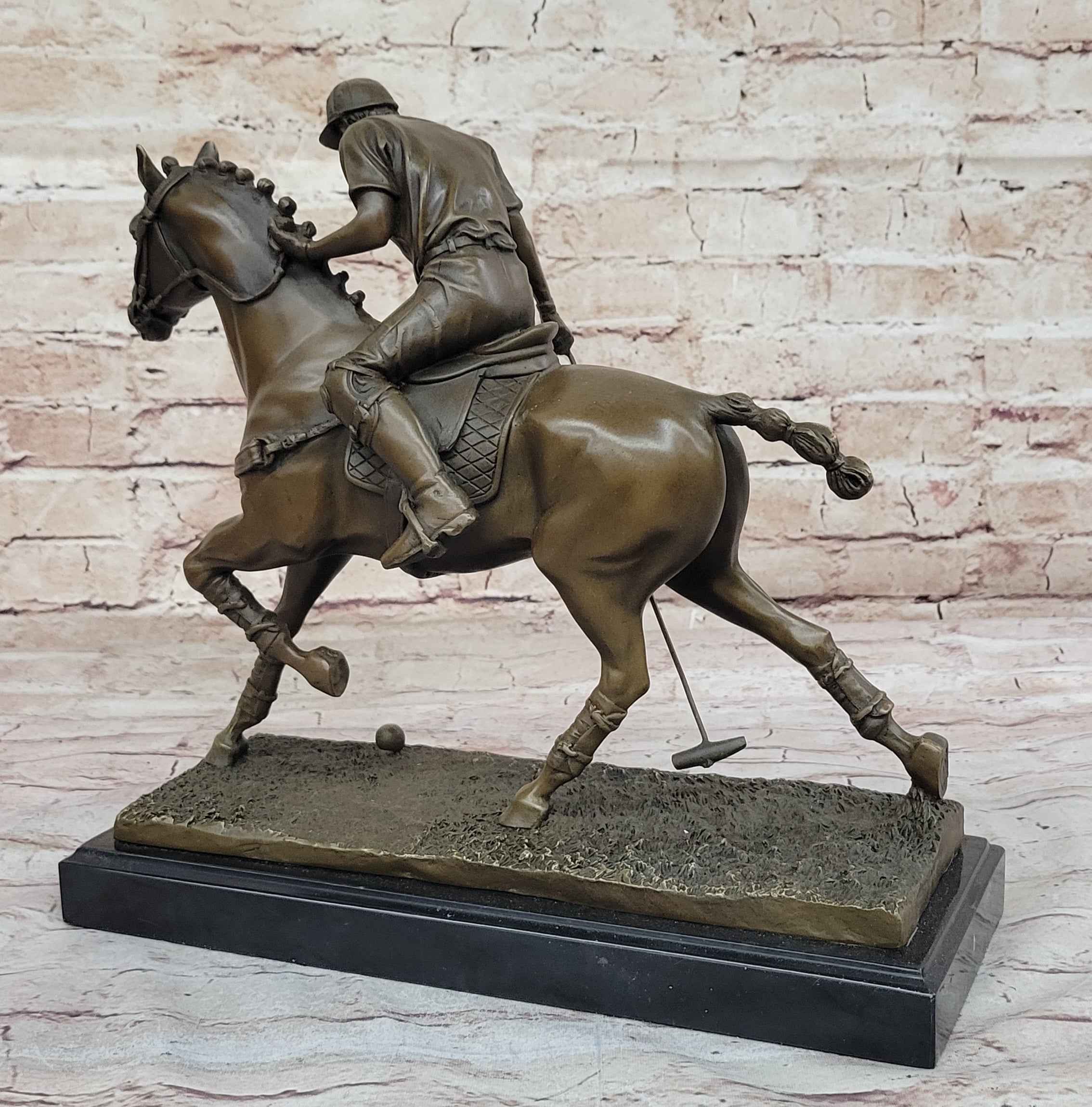 Jockey Polo Player on Horseback Bronze Sculpture Statue Equestrian Horse Lover Decor