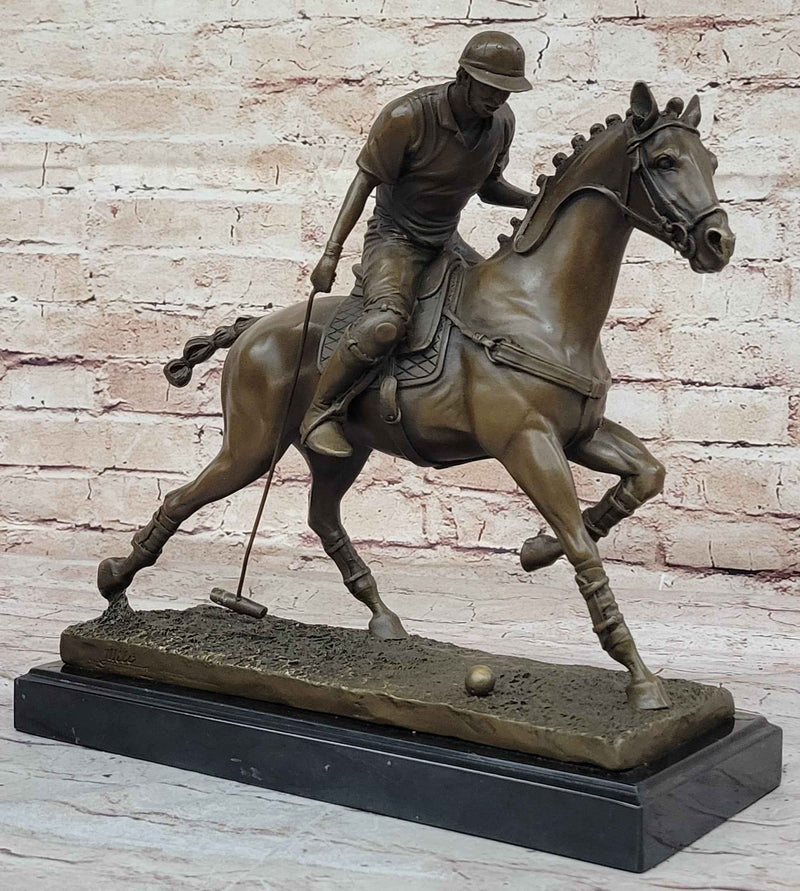Jockey Polo Player on Horseback Bronze Sculpture Statue Equestrian Horse Lover Decor
