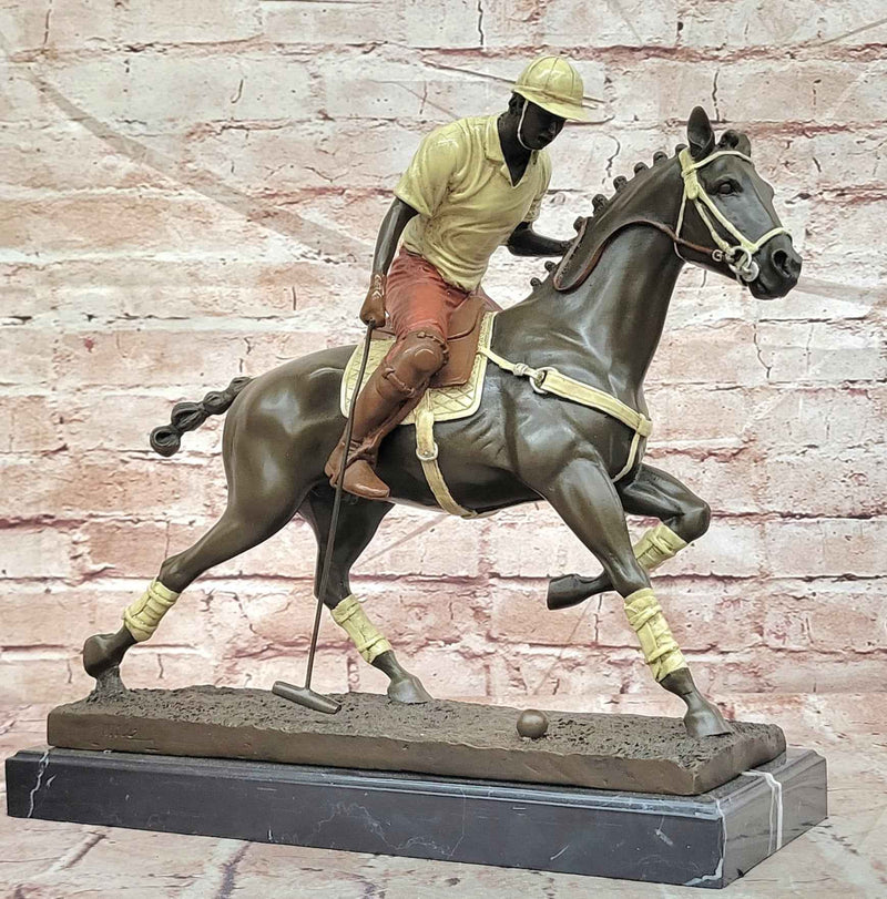 Handcrafted Polo Rider and Horse Bronze Sculpture Sports Decor