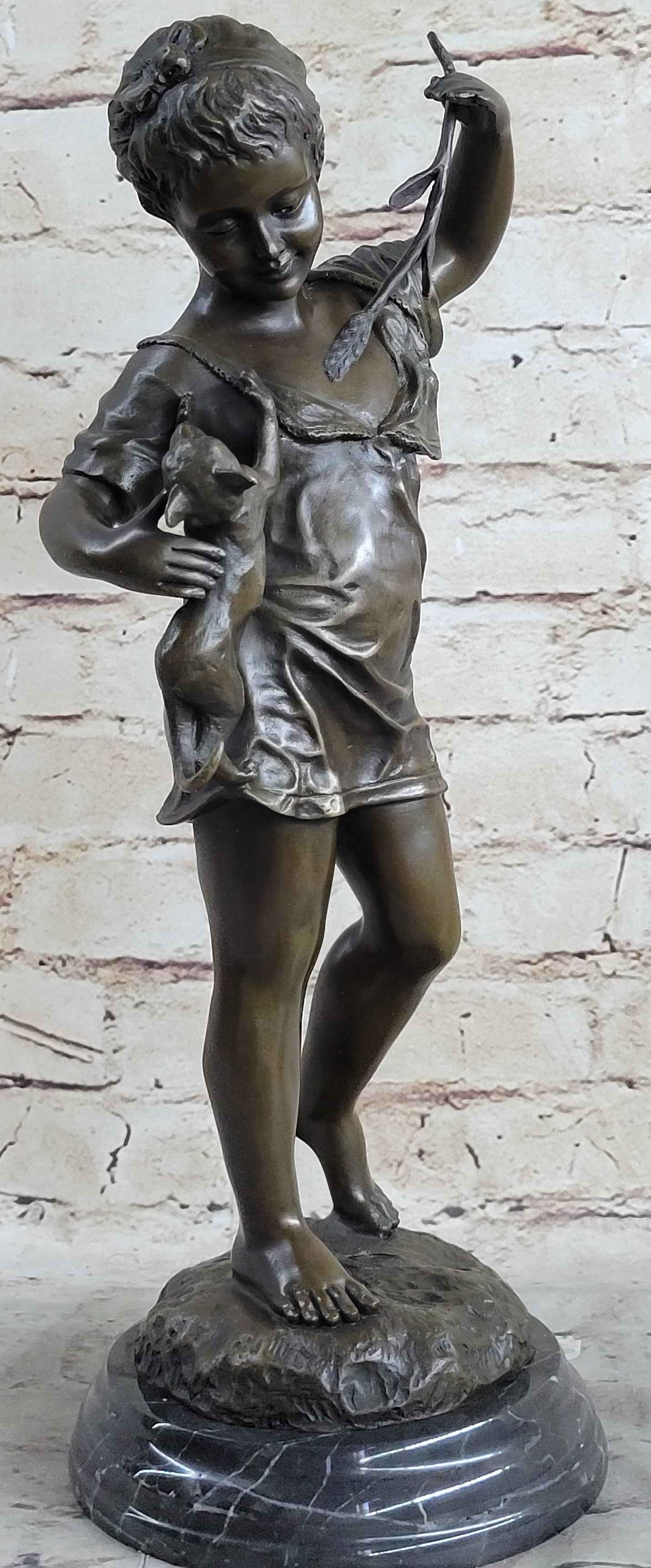 Young Girl Child Holding Kitten Cat - Bronze Sculpture Vintage Reproduction Art