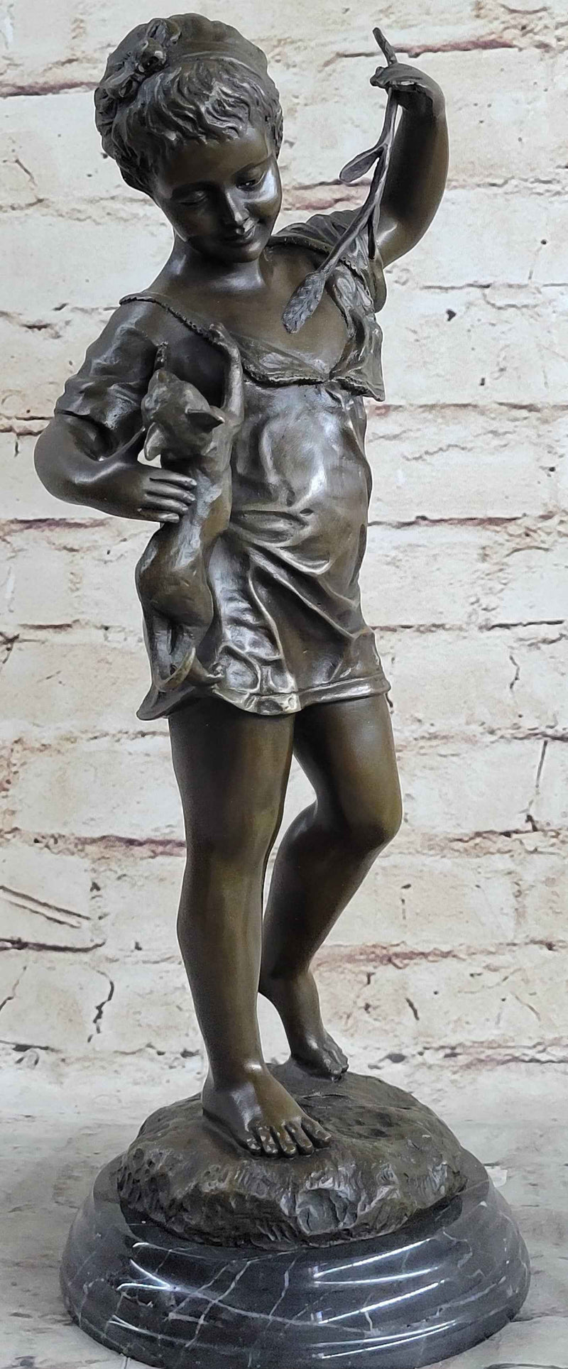 Young Girl Child Holding Kitten Cat - Bronze Sculpture Vintage Reproduction Art