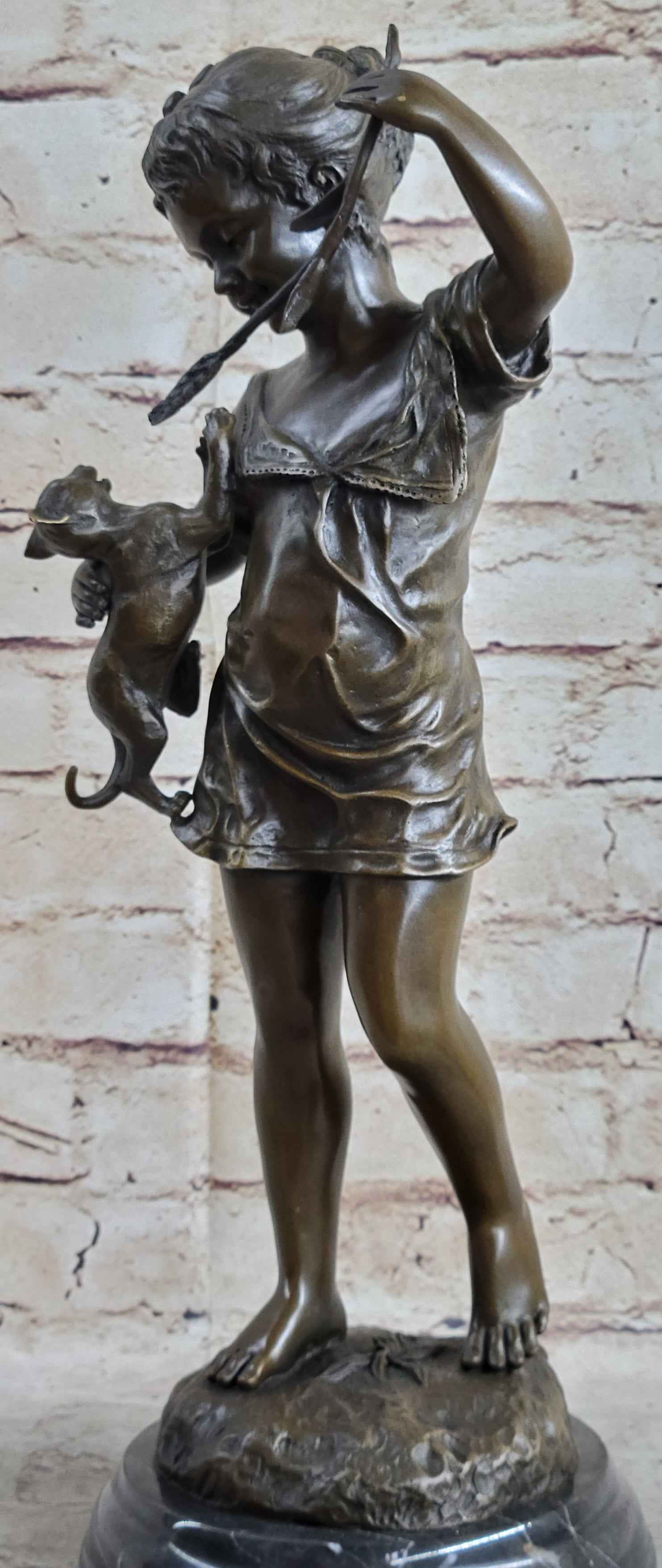 Young Girl Child Holding Kitten Cat - Bronze Sculpture Vintage Reproduction Art