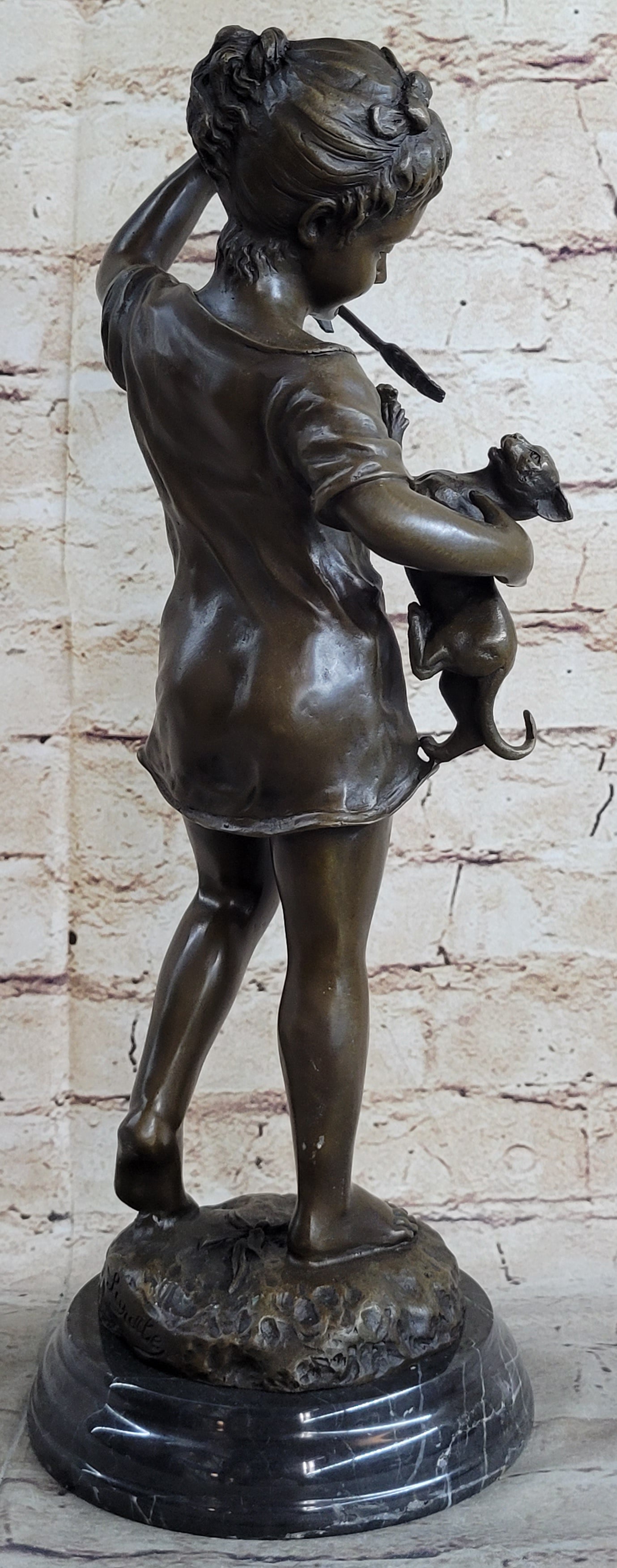 Young Girl Child Holding Kitten Cat - Bronze Sculpture Vintage Reproduction Art
