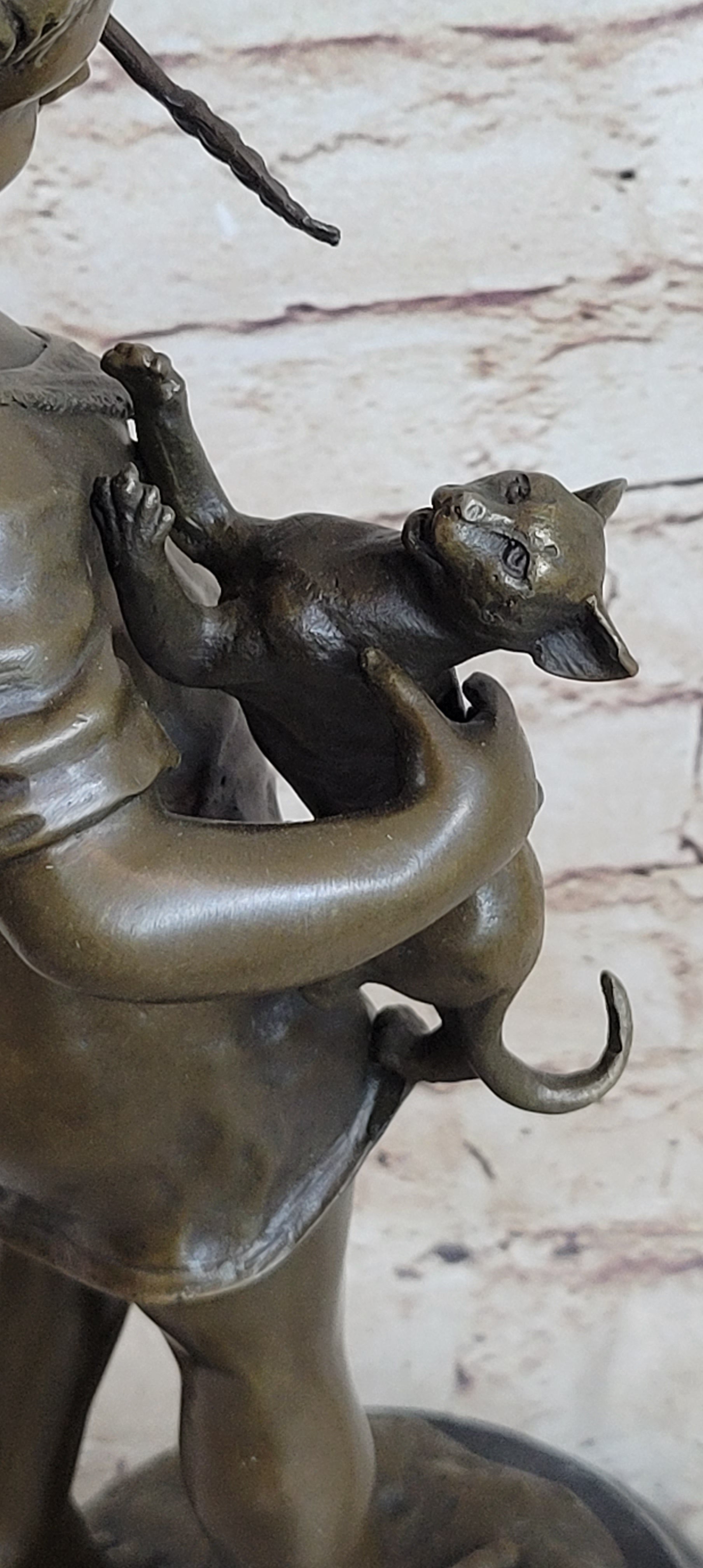 Young Girl Child Holding Kitten Cat - Bronze Sculpture Vintage Reproduction Art