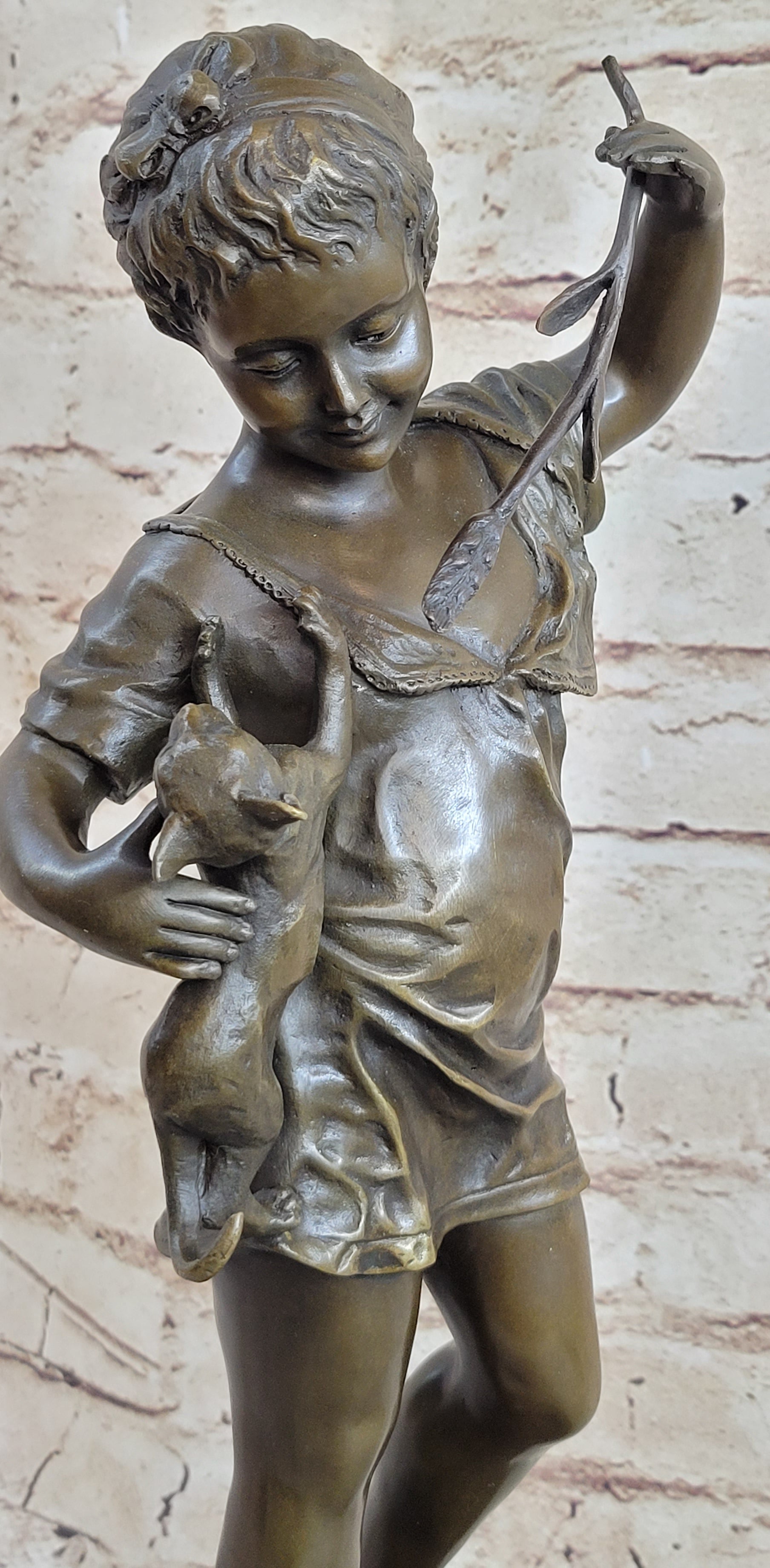 Young Girl Child Holding Kitten Cat - Bronze Sculpture Vintage Reproduction Art