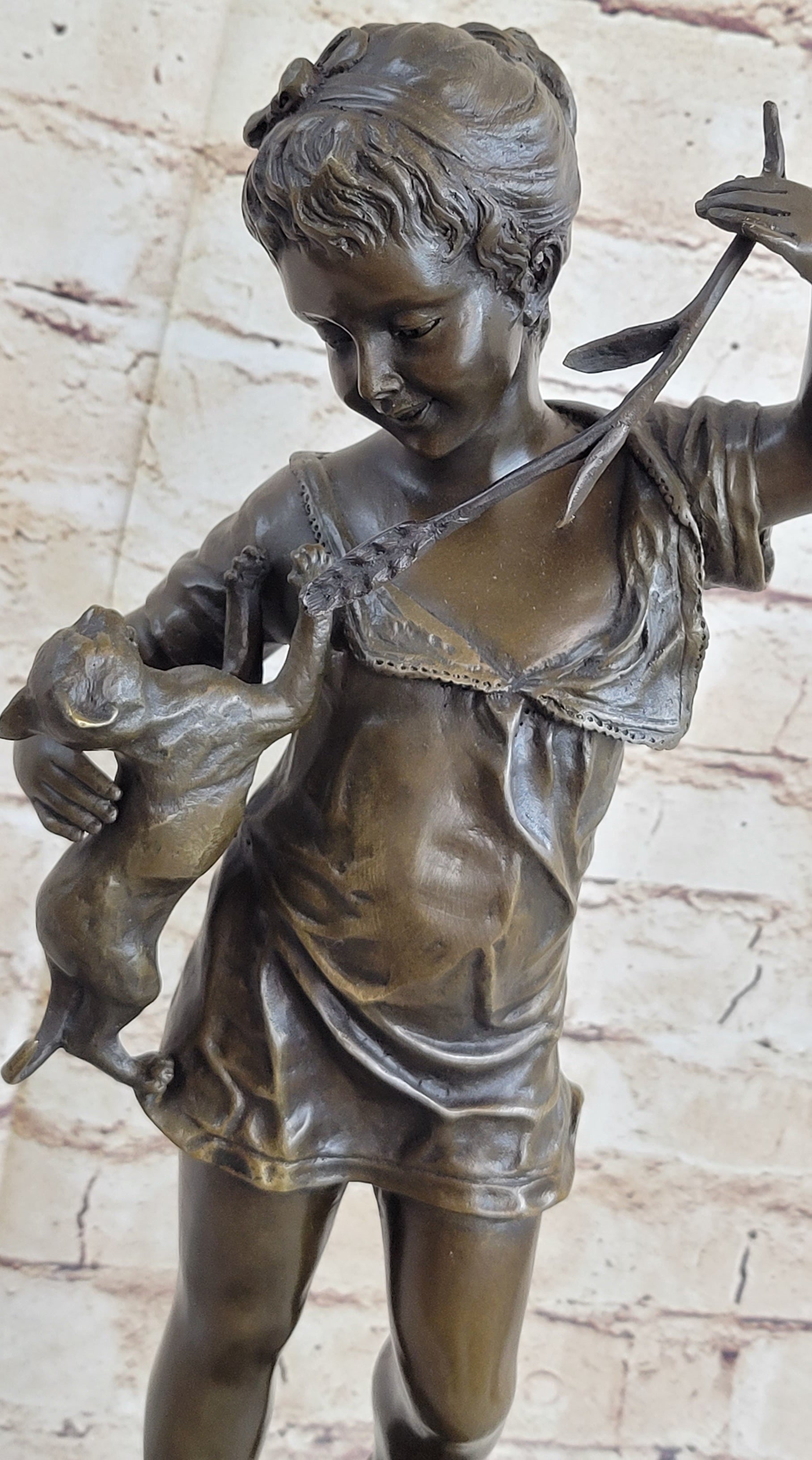 Young Girl Child Holding Kitten Cat - Bronze Sculpture Vintage Reproduction Art