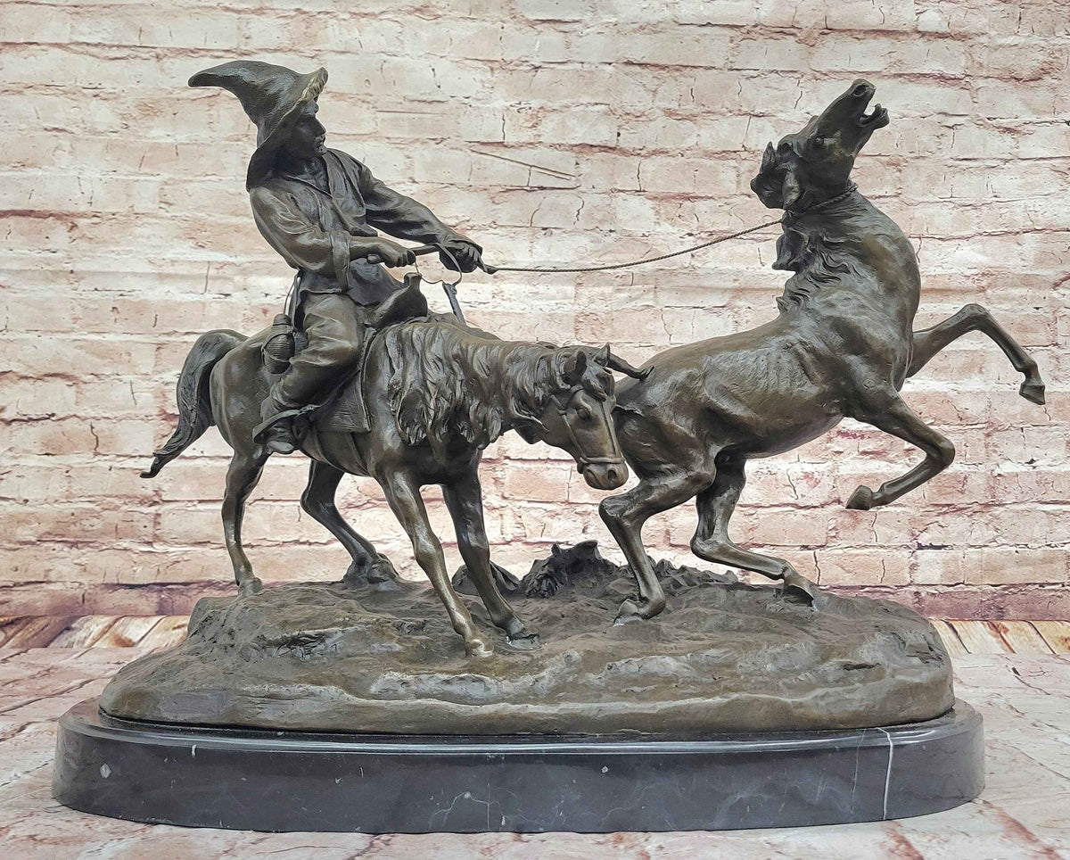 A Bronze Sculpture of Breaking in a Wild Horse, Signed E. Nahcepe Hand Made
