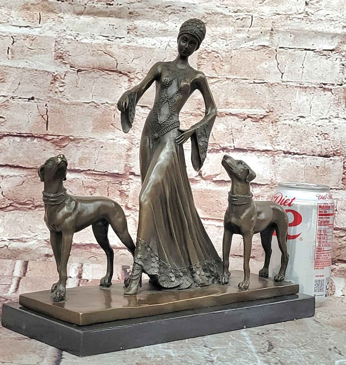 Flapper Lady Dogs Bronze Statue Art Deco Female Figure