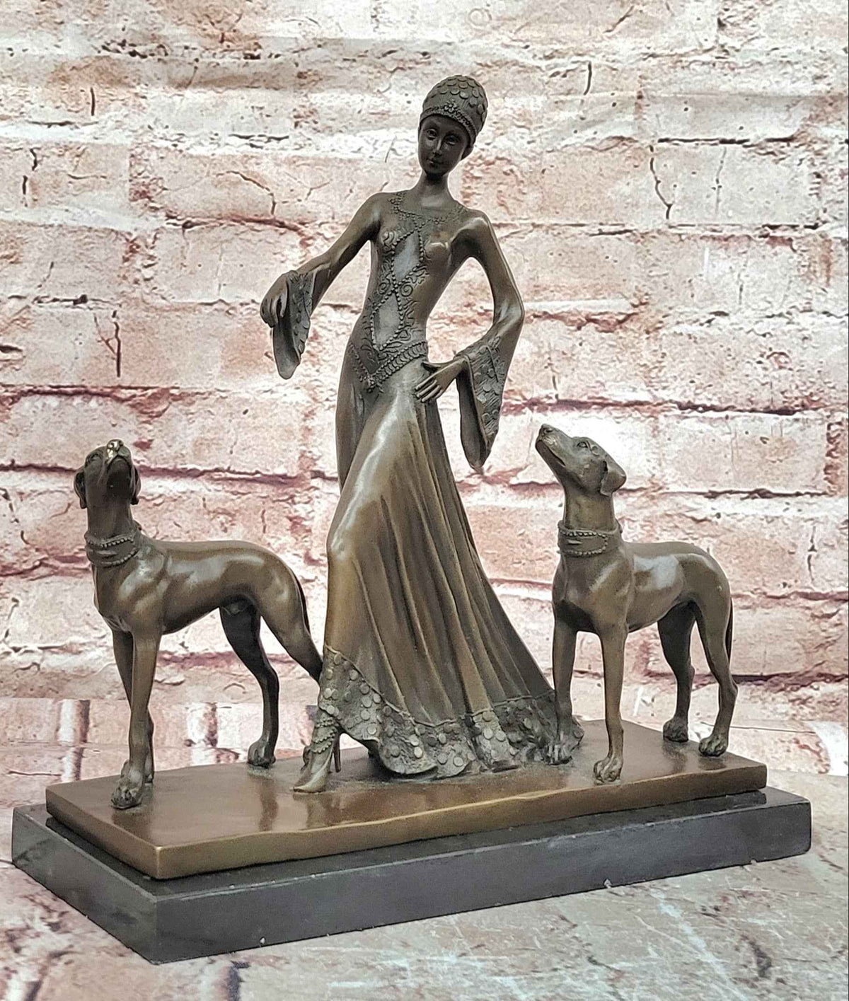 Flapper Lady Dogs Bronze Statue Art Deco Female Figure