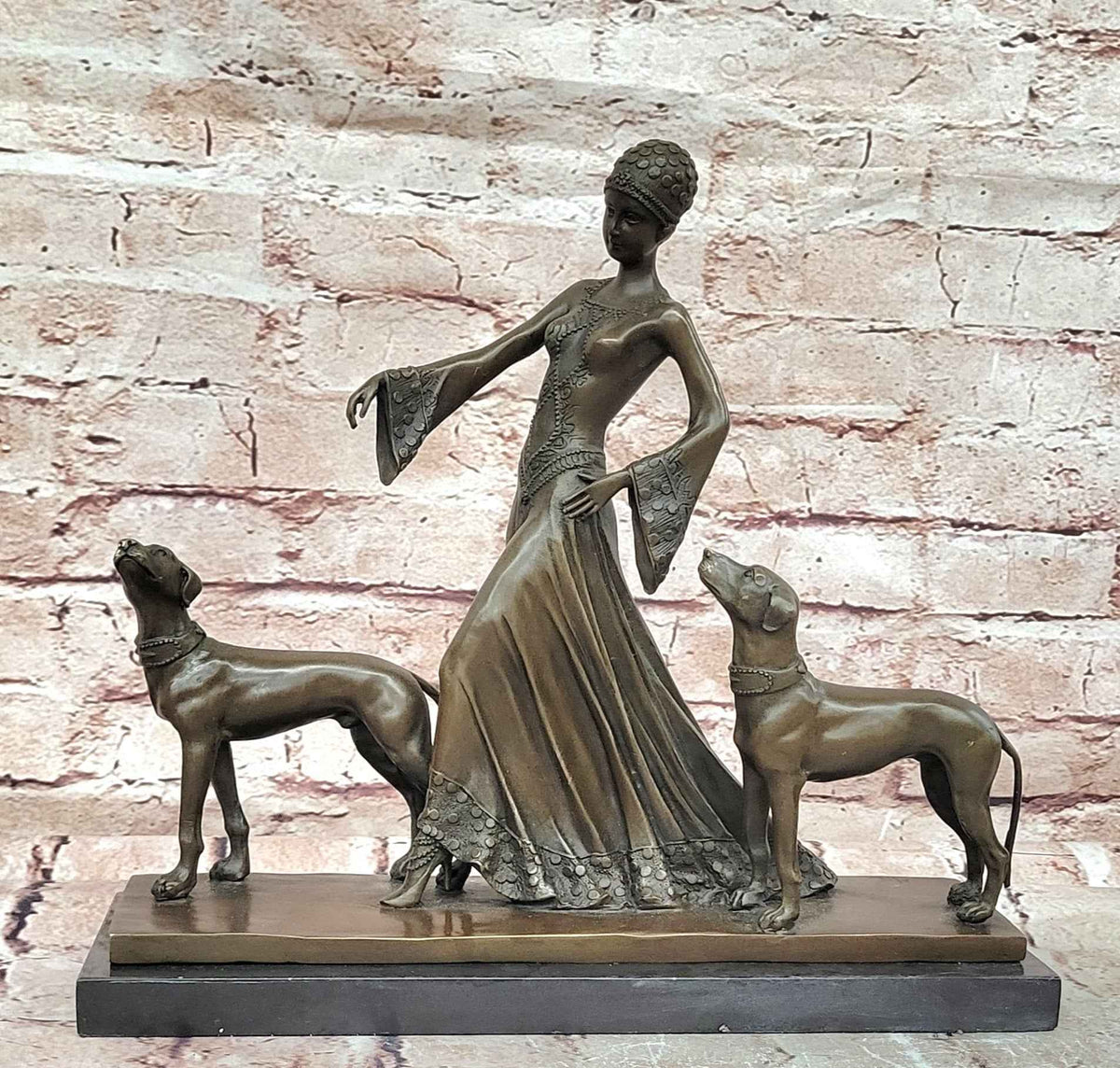 Flapper Lady Dogs Bronze Statue Art Deco Female Figure