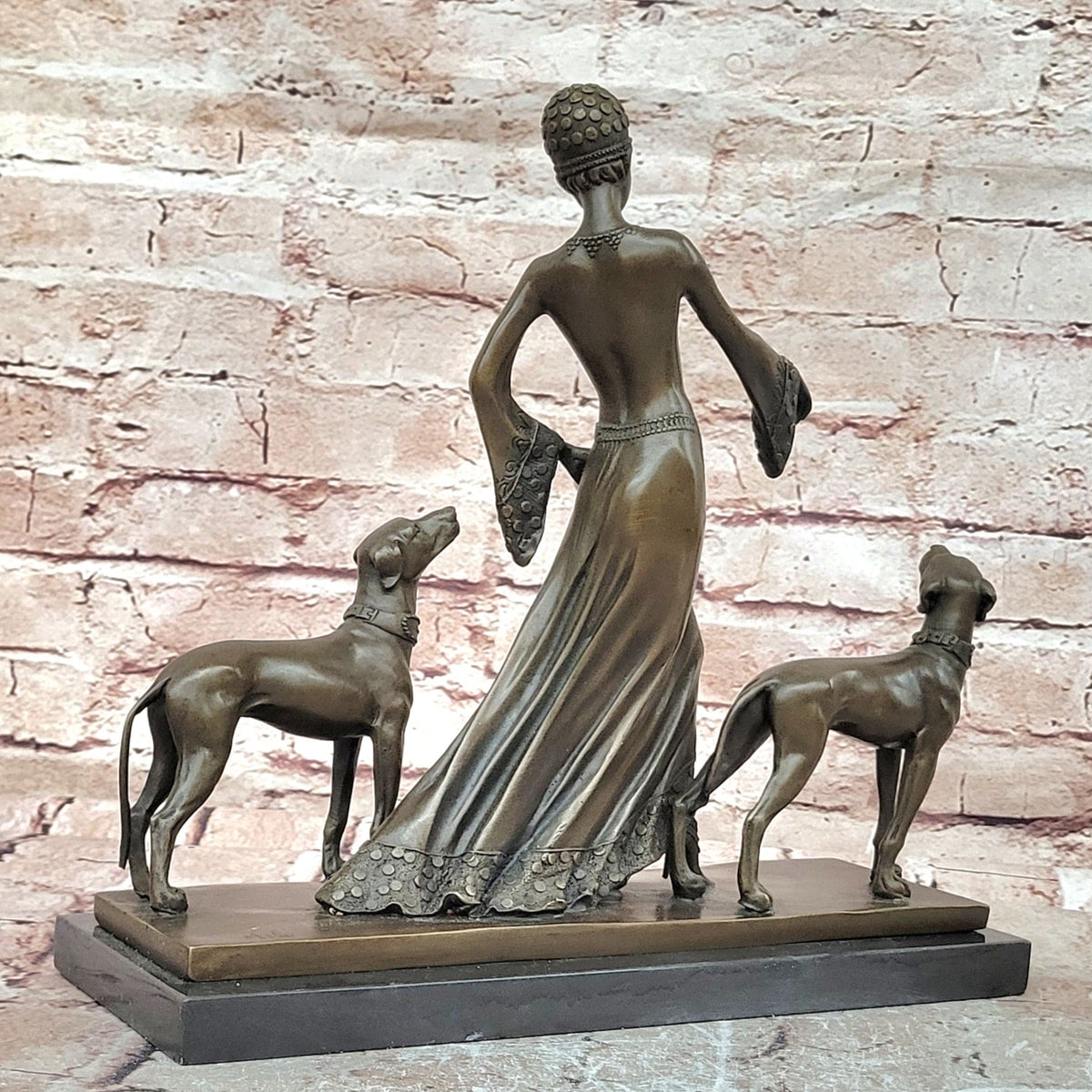 Flapper Lady Dogs Bronze Statue Art Deco Female Figure