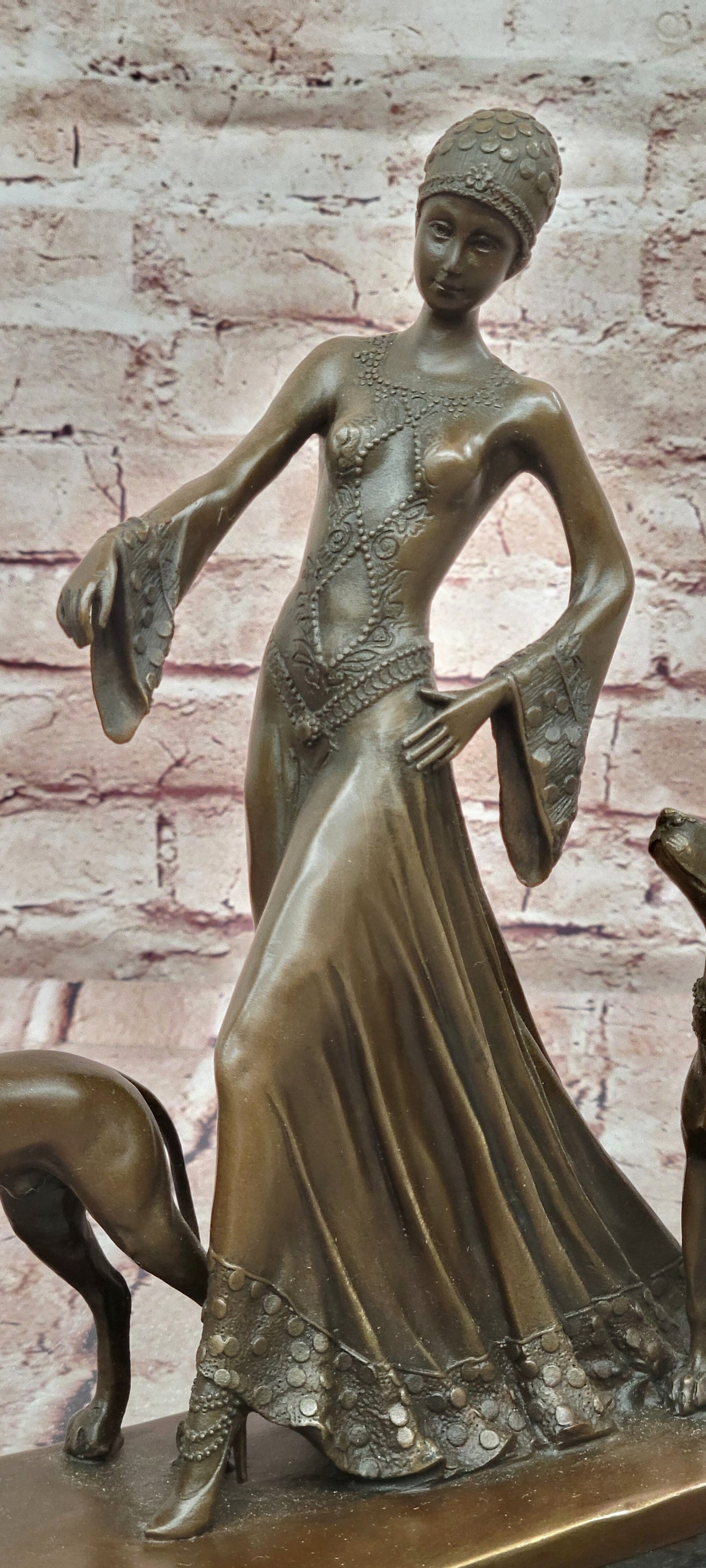 Flapper Lady Dogs Bronze Statue Art Deco Female Figure