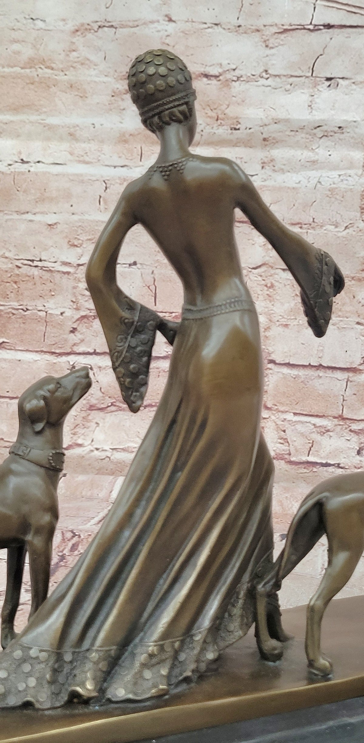 Flapper Lady Dogs Bronze Statue Art Deco Female Figure