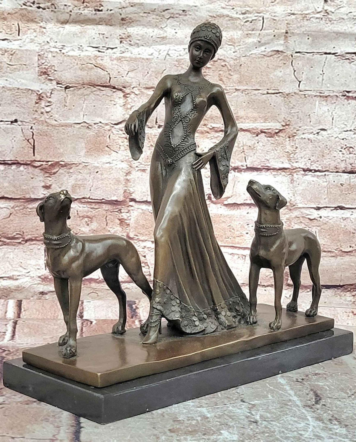 Flapper Lady Dogs Bronze Statue Art Deco Female Figure