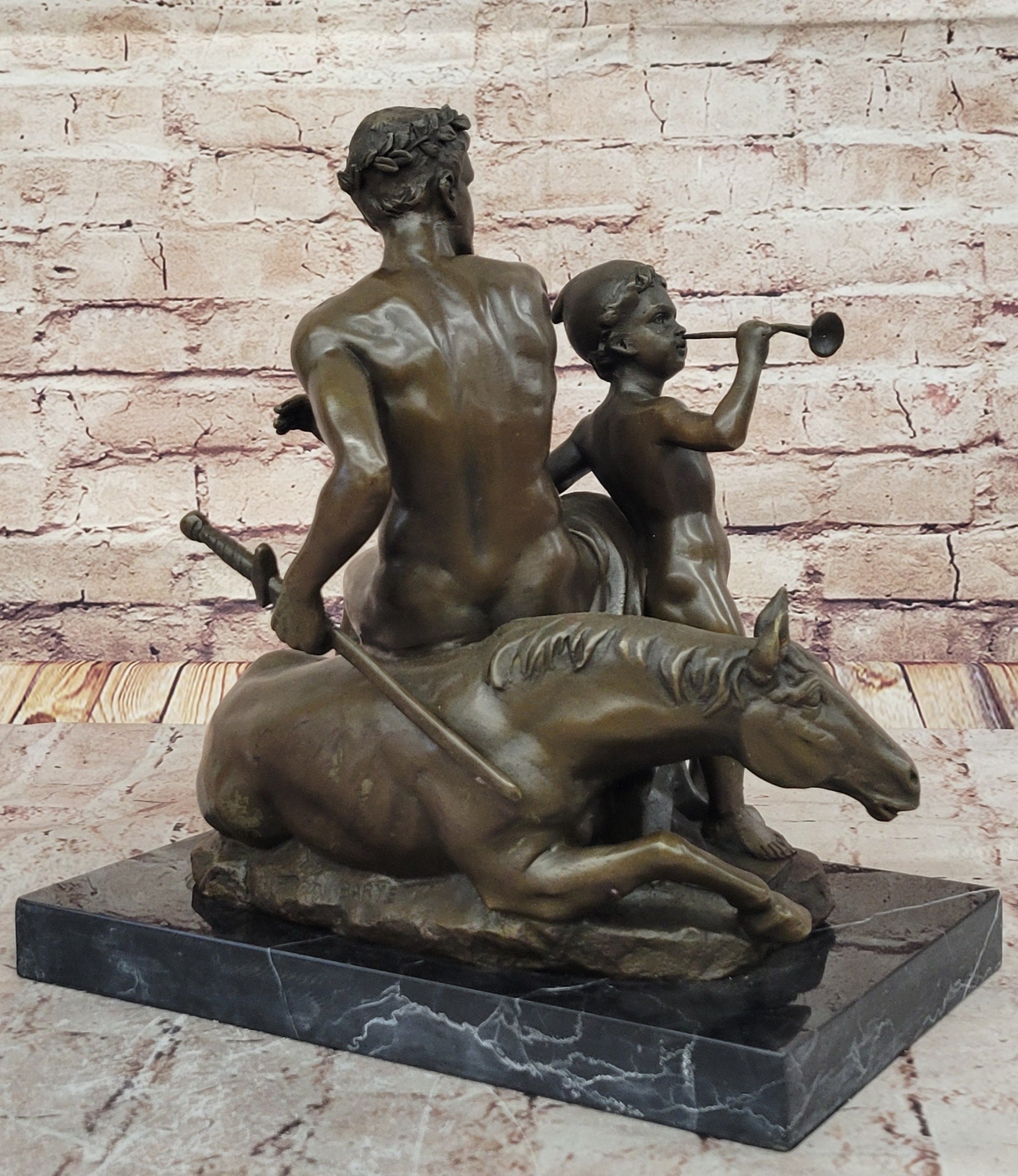 Bronze Sculpture of Roman Emperor and Child with Horse and Trumpet