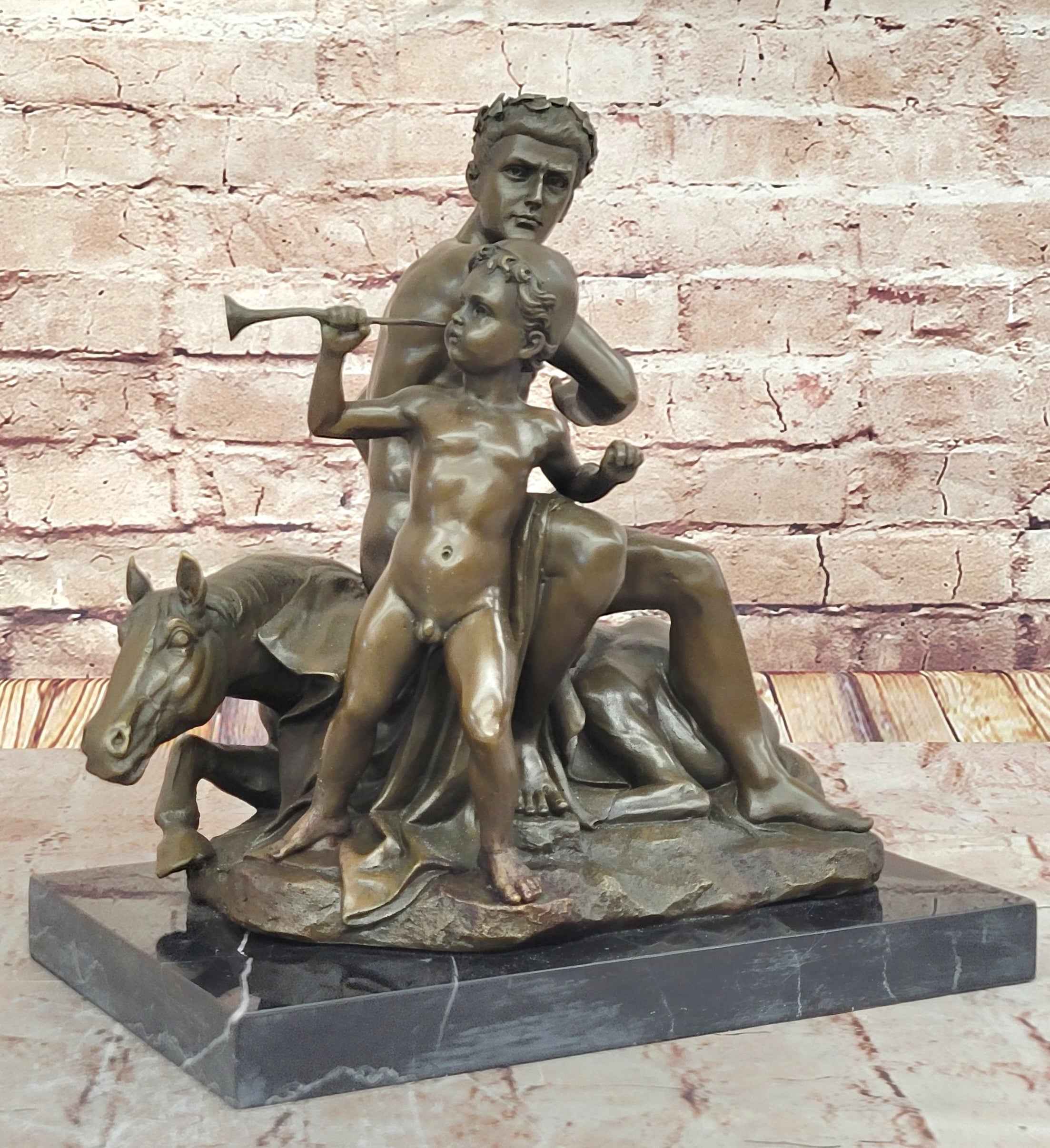 Bronze Sculpture of Roman Emperor and Child with Horse and Trumpet
