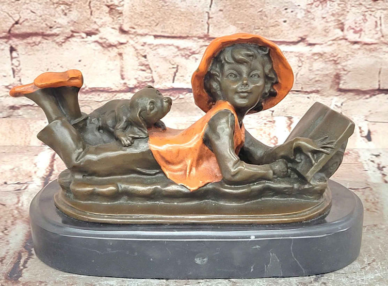 Bronze Girl Reading Book Sculpture Child with Dog Hand Painted Statue