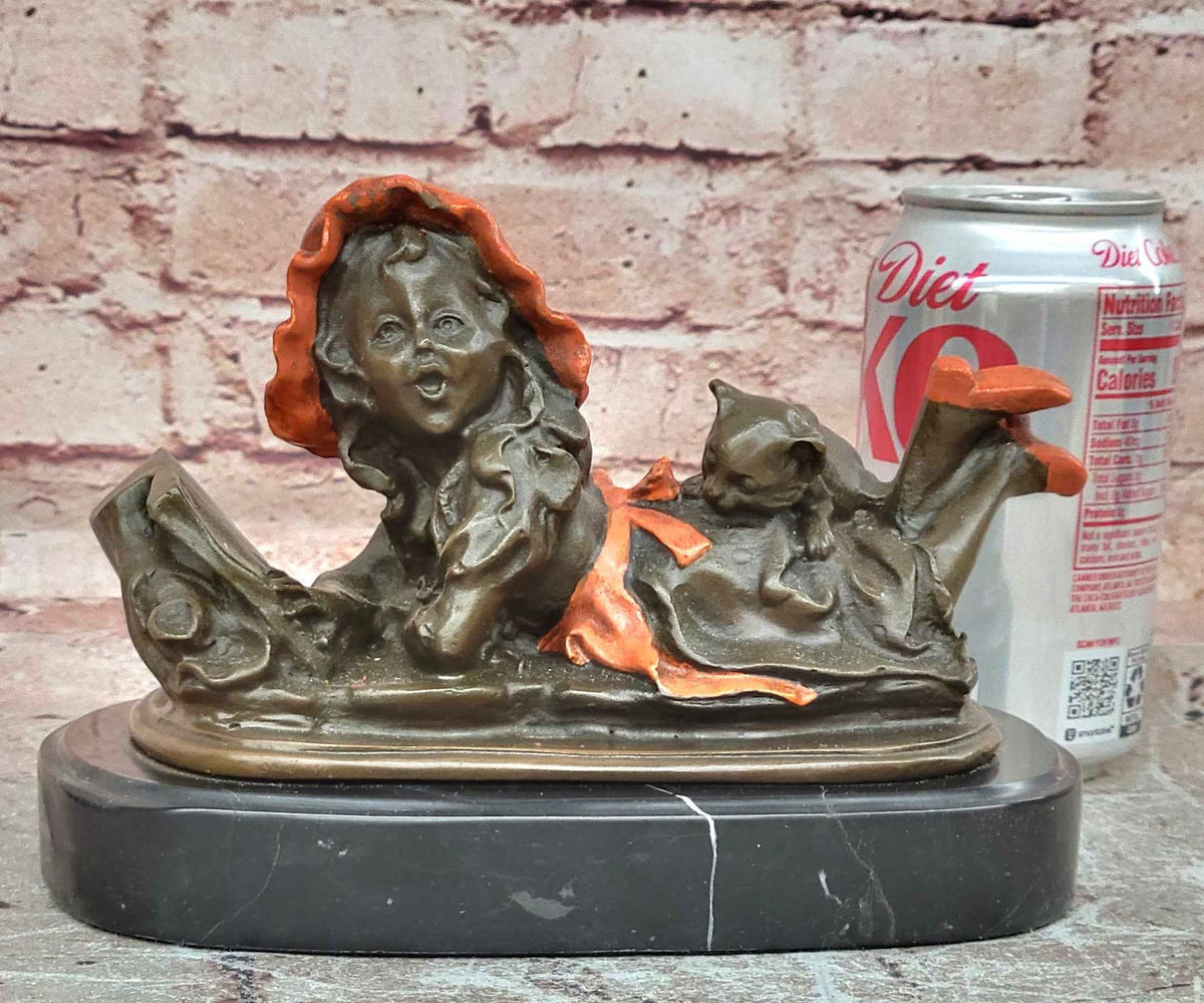 Girl Reading with Cat Bronze Sculpture Child Statue by Milo