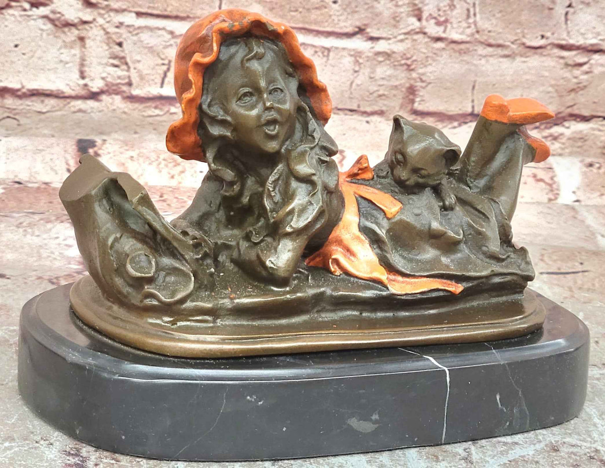 Girl Reading with Cat Bronze Sculpture Child Statue by Milo