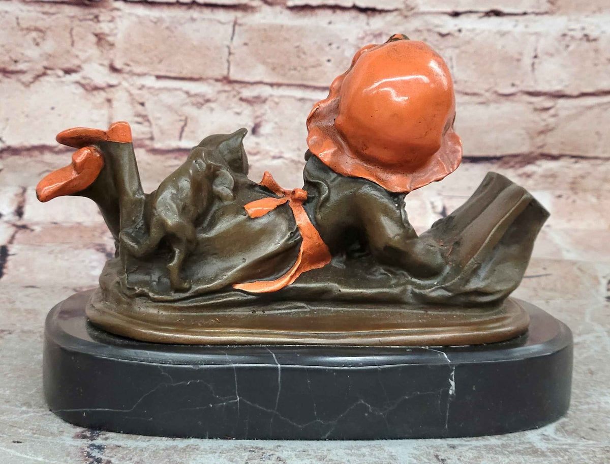 Girl Reading with Cat Bronze Sculpture Child Statue by Milo