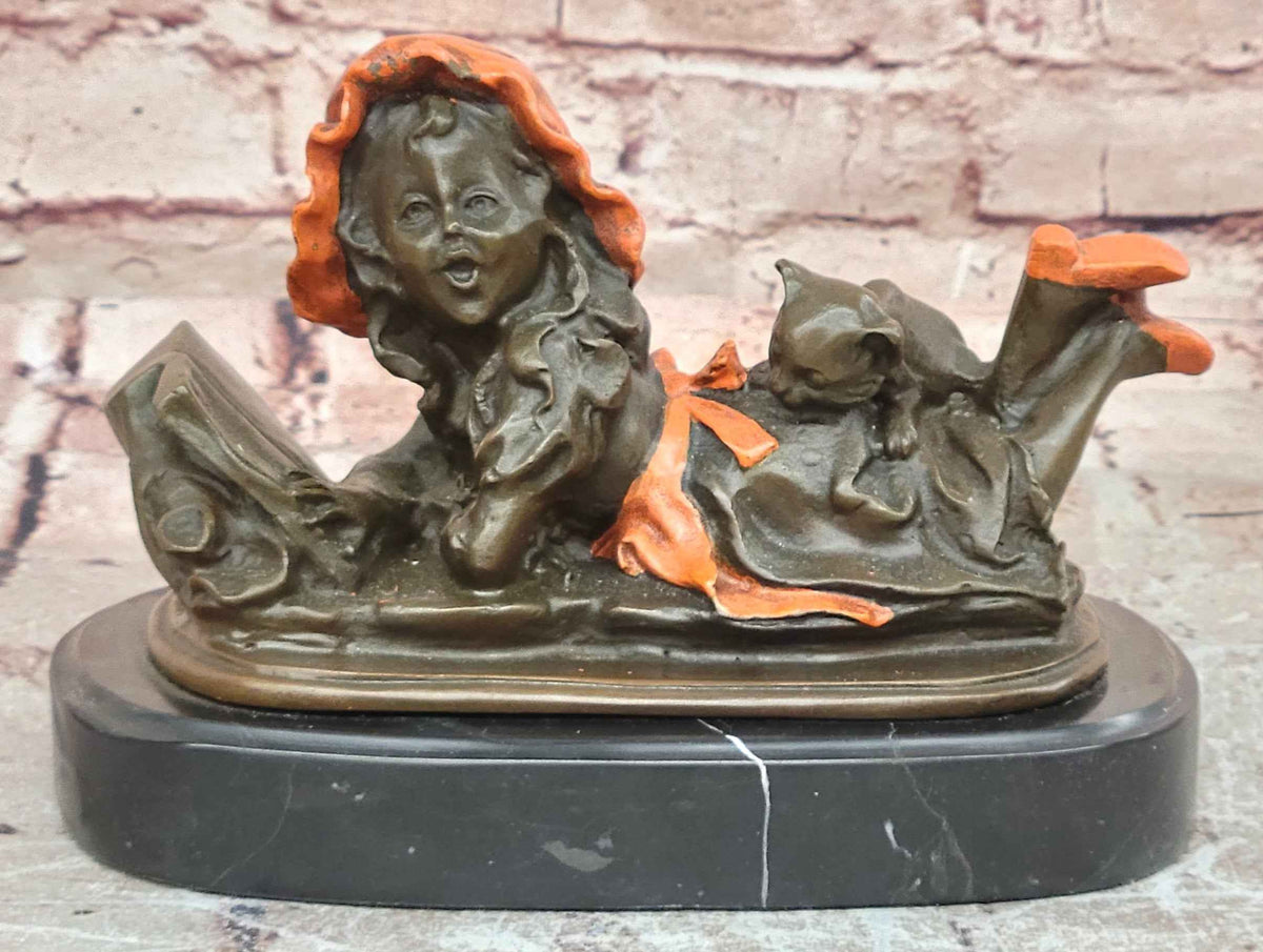 Girl Reading with Cat Bronze Sculpture Child Statue by Milo