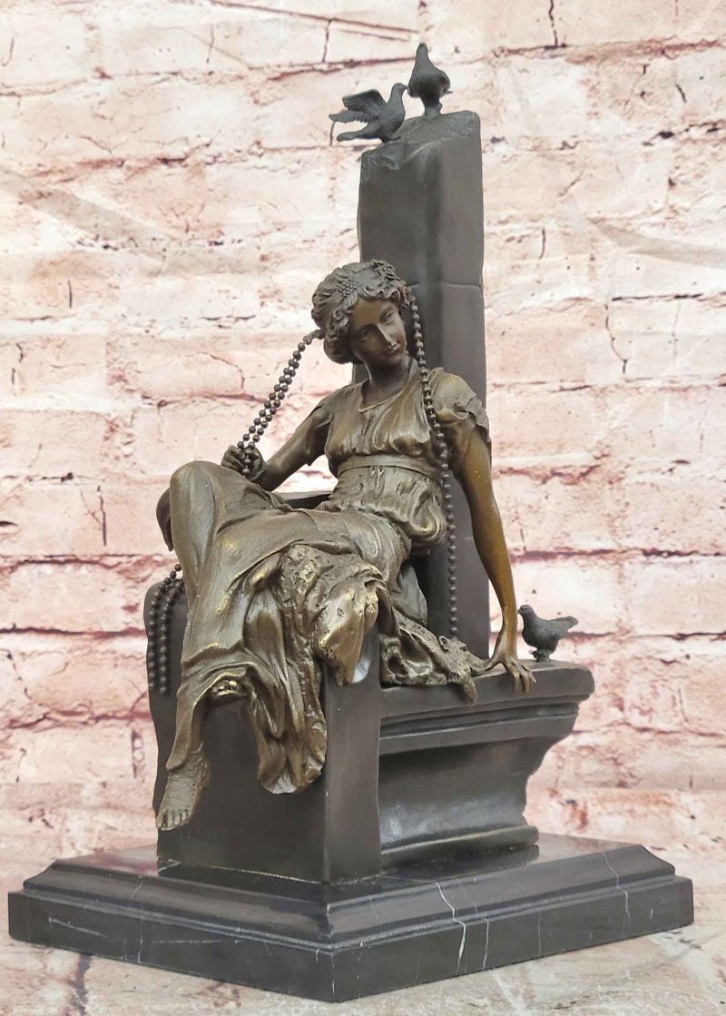 Elegant Woman with Birds Bronze Sculpture on Marble Base