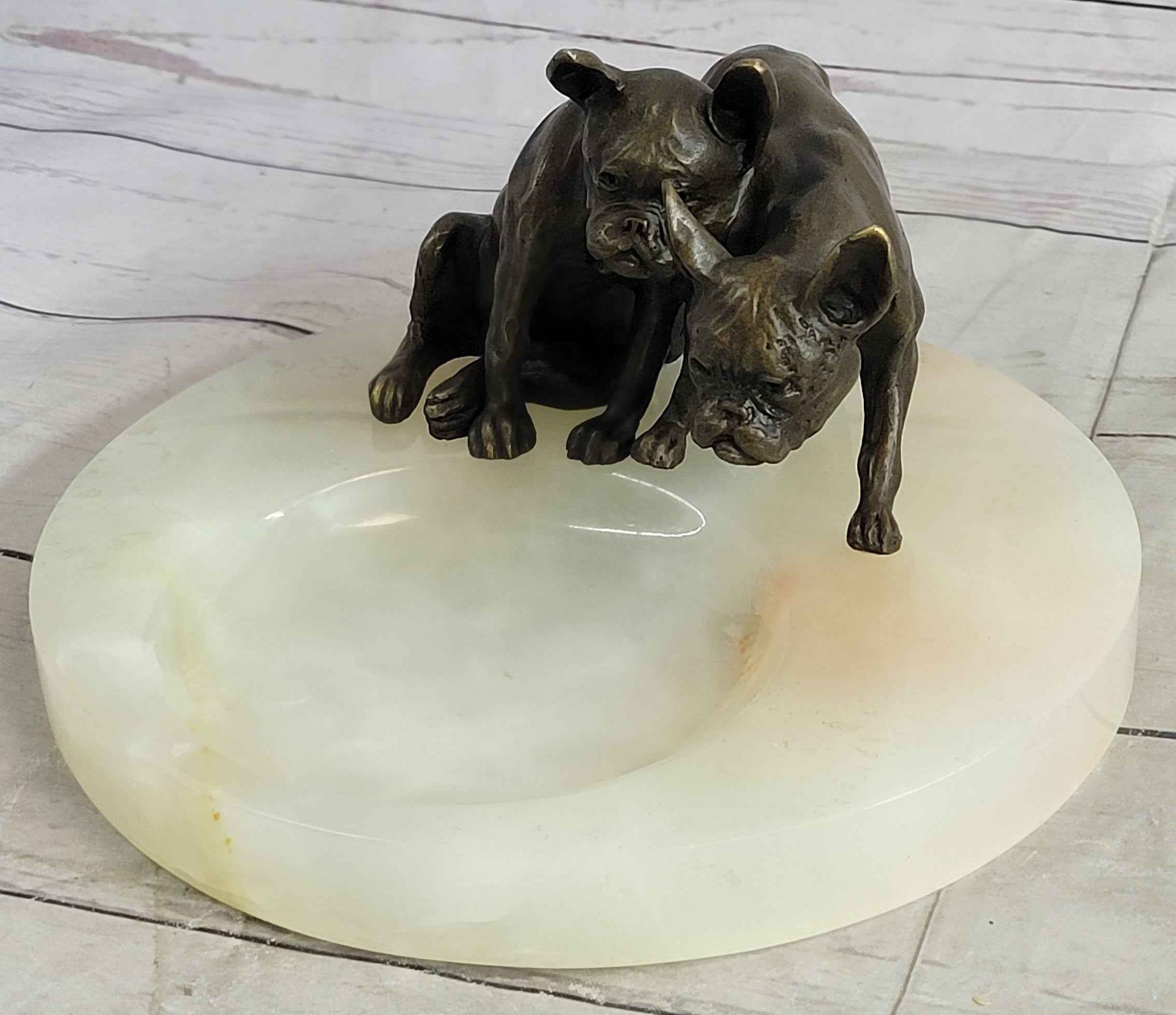 French Bulldog Pug Bronze & Onyx Stone Dish Key Card Holder Soap Tray Sculpture