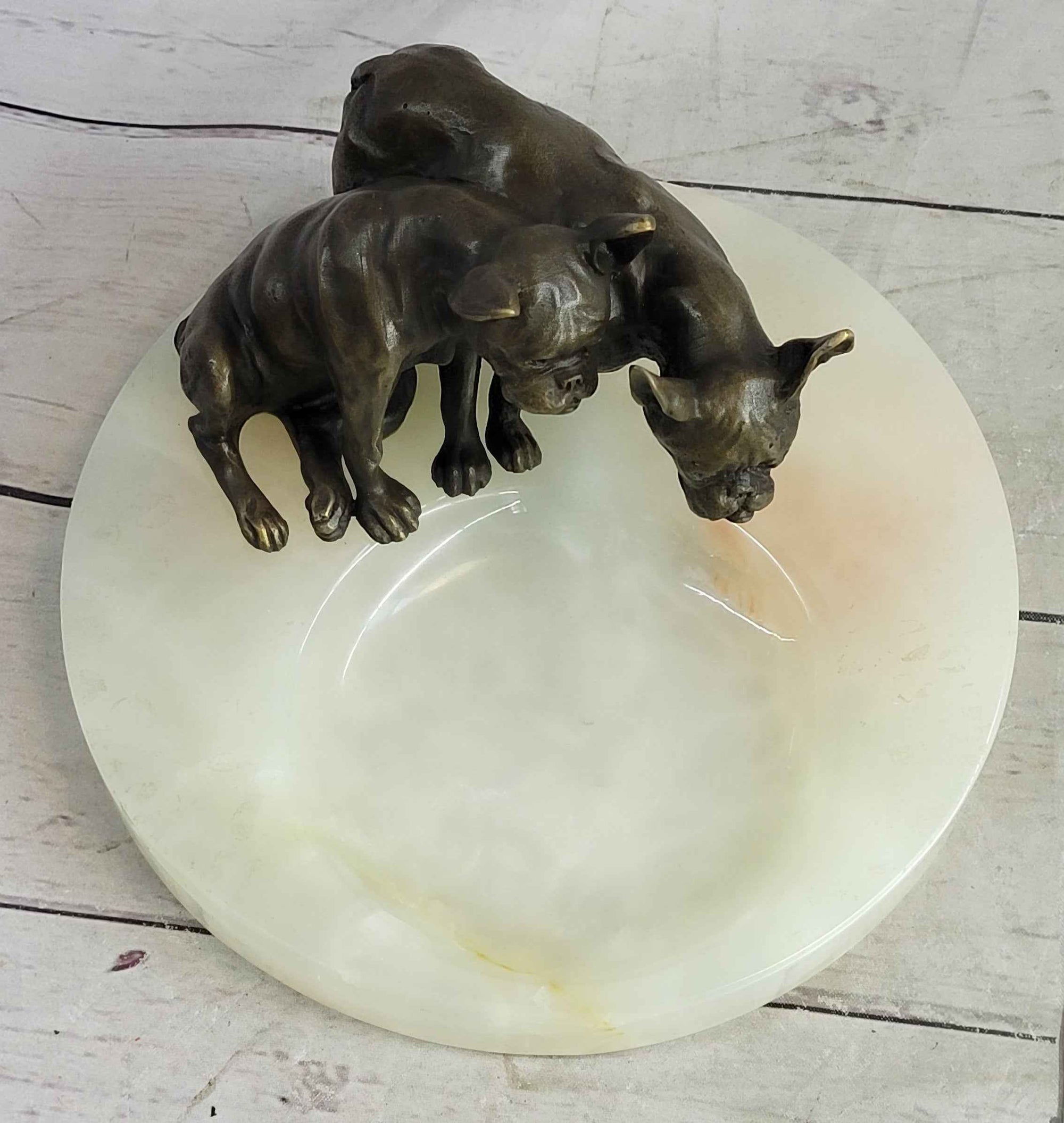 French Bulldog Pug Bronze & Onyx Stone Dish Key Card Holder Soap Tray Sculpture