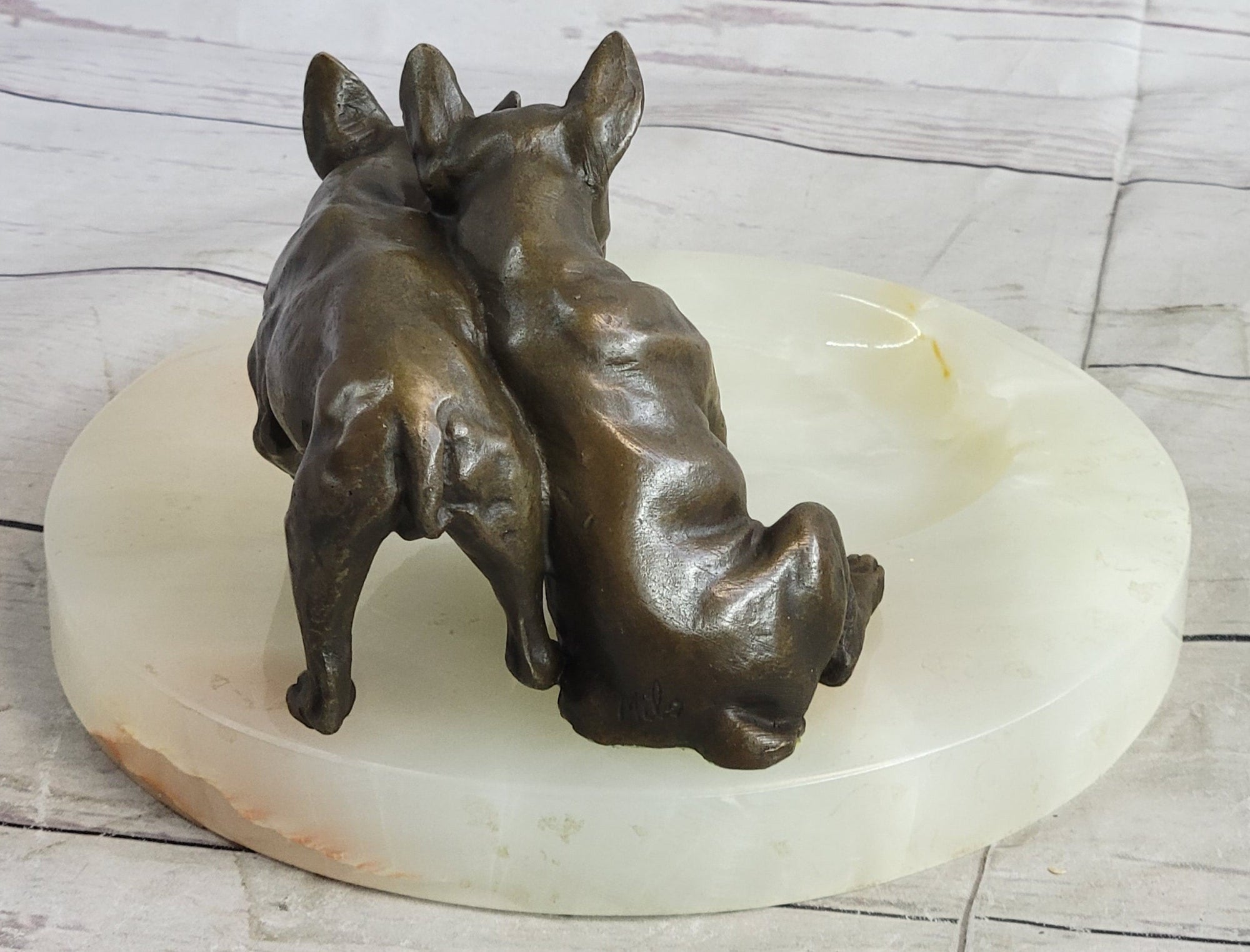 French Bulldog Pug Bronze & Onyx Stone Dish Key Card Holder Soap Tray Sculpture