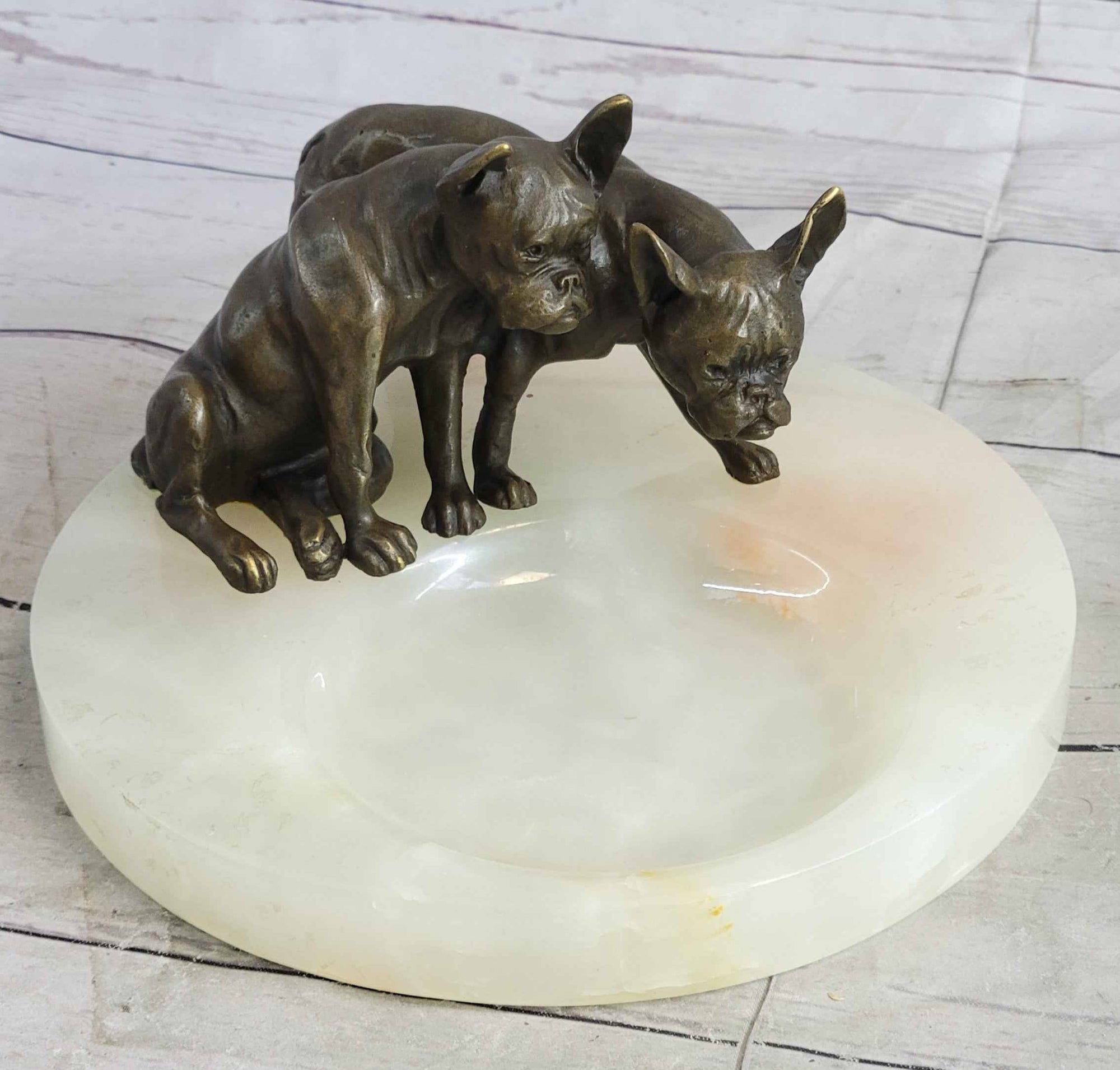 French Bulldog Pug Bronze & Onyx Stone Dish Key Card Holder Soap Tray Sculpture