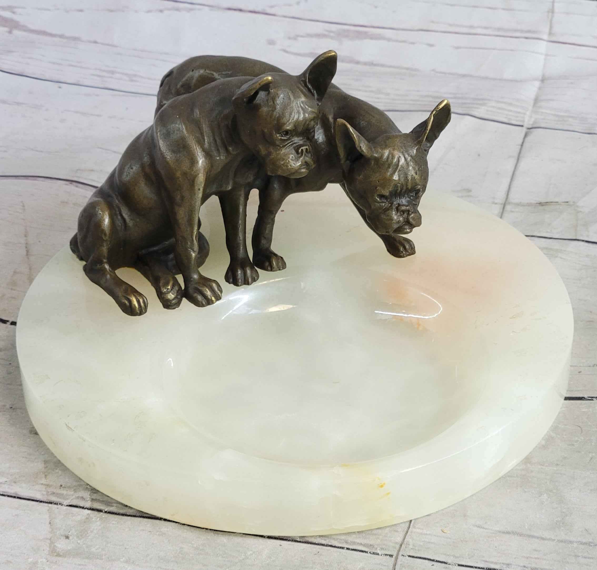 French Bulldog Pug Bronze & Onyx Stone Dish Key Card Holder Soap Tray Sculpture